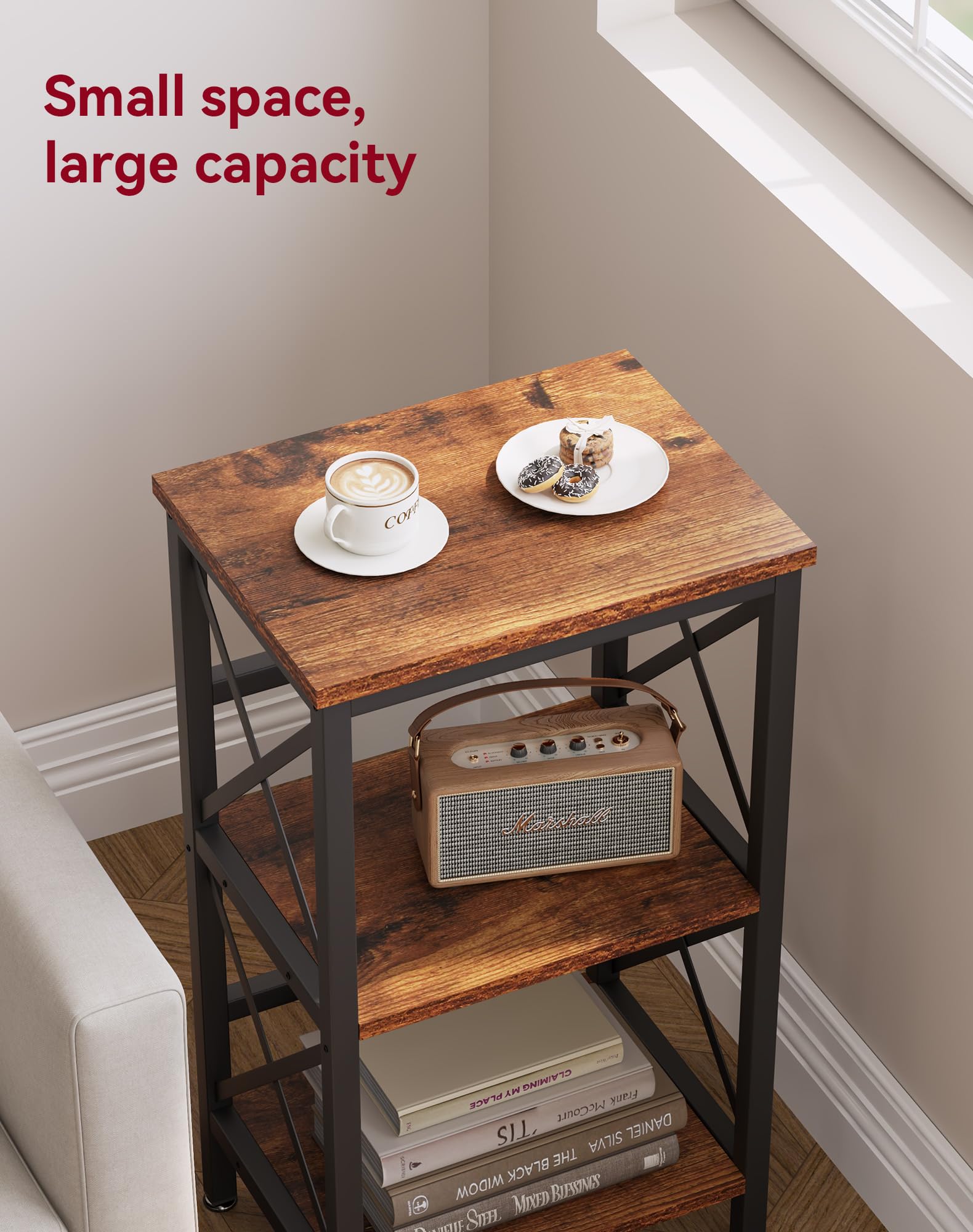 YMYNY Bücherregal, Standregal mit 3 Ablagen, Stabiles X-Rahmen, Verstellbare Füße, Einfachmontage, 40×29×75cm, für Wohnzimmer, Schlafzimmer, Küche, Arbeitszimmer, Badzimmer, Rustikales Braun HST008H