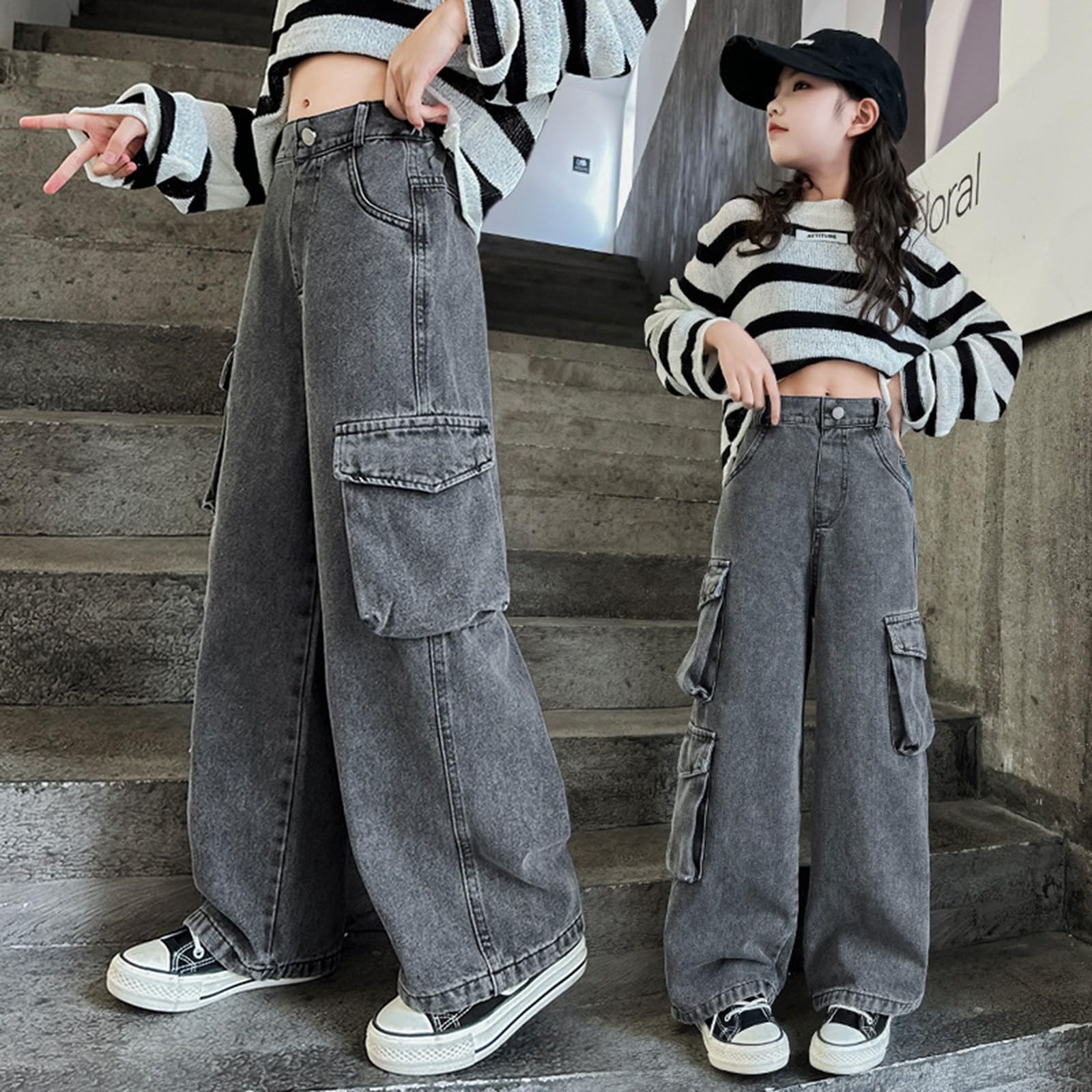 Jean baggy multi-poches pour filles et enfants - Taille haute - Jambe large - Pantalon long pour adolescentes - Pantalon cargo vintage pour filles - Taille 10-12 - Jeans croisés Y2k