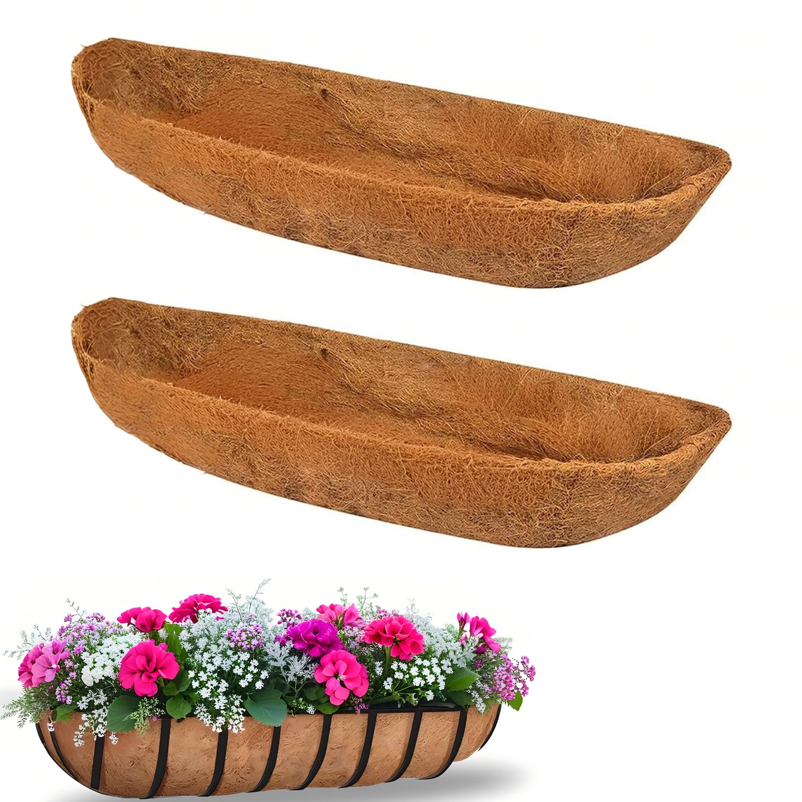 Lykvrii 2PCS Trough Liners Coco 48 inch (122cm), Coco Coir Hanging Basket Liner - 24/30/36/48 Inch Plant Trough Liner for Garden Window Box & Wall Flower Basket Planters