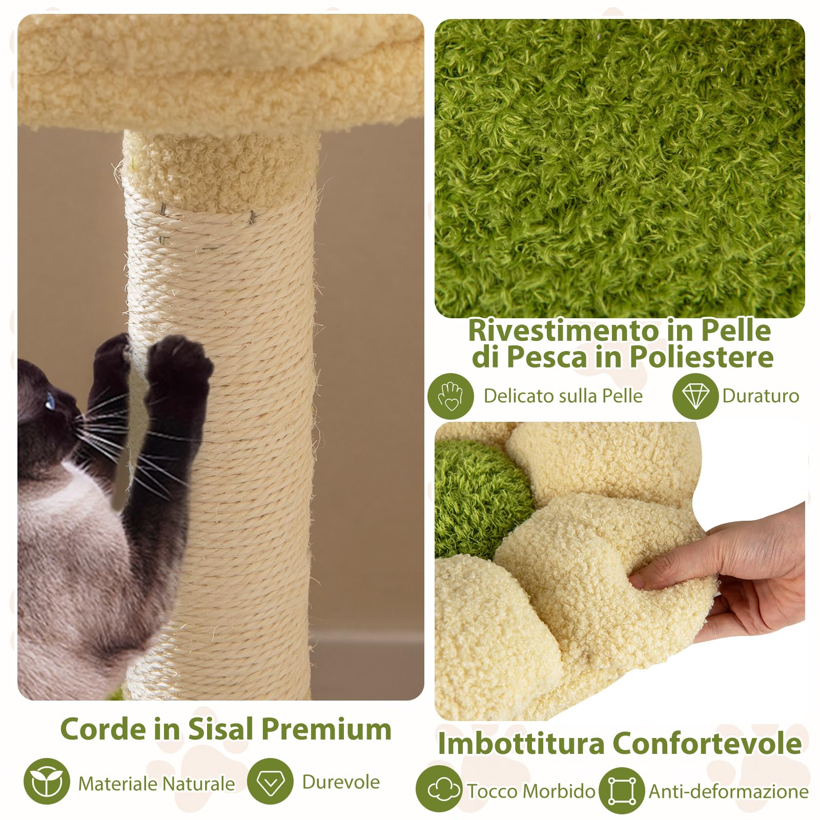 GYMAX Albero per Gatti Multilivello, Torre per Gatti con Nicchia a Forma di Tronco, Posatoio a Forma di Fiore, Letto per Pisolino, Piattaforme, Tiragraffi, Pompon, Palla a Molla