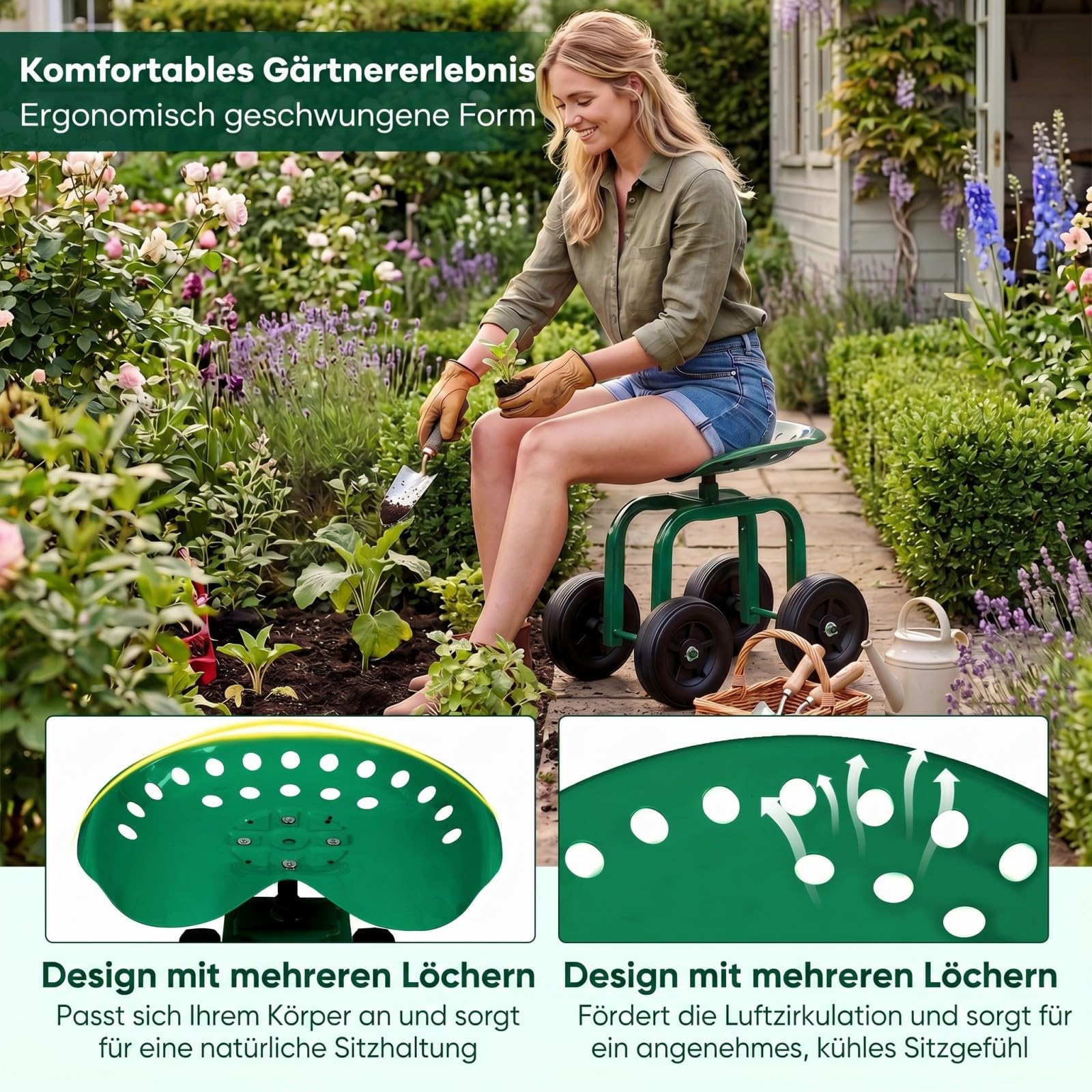 RELAX4LIFE Rollsitz, Gartensitz mit 4 Rädern, Gartenrollsitz 360 ° Drehbar & Höhenverstellbar 40-50 cm, Fahrbarer Arbeitssitz aus Metall, bis 150 kg, für Gartenarbeit & Autopflege
