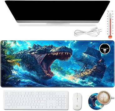 Warm Desk Pad,Heated Desk Pad,Office Mat,3 Heating Levels & 3 Hours Auto Shut-Off,31.5"*13" Gaming Mouse Laptop Keyboard Leather Desk Mat,Blue Dinosaur Ocean