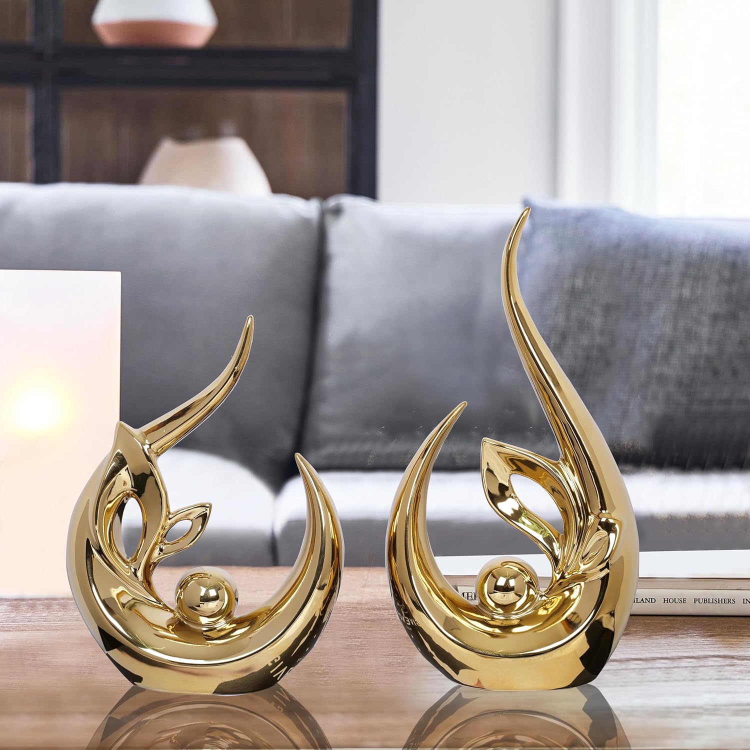 Dlfghos 2 PCS Gold Home Decor Accent Ceramic Statue Abstract Sculptures Centerpieces Mid Century Modern Decor for Tables Coffee Table top Decorations for Living Room Desktop Shelf Dining Room Kitchen