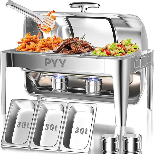 PYY Chafing Dish Buffet Set, 9 QT Stainless Steel Chafing Server Set for Catering Commercial Roll Top Chafers Buffet Warmer for Parties, Wedding, Banquet, Events (3 Half-Size)