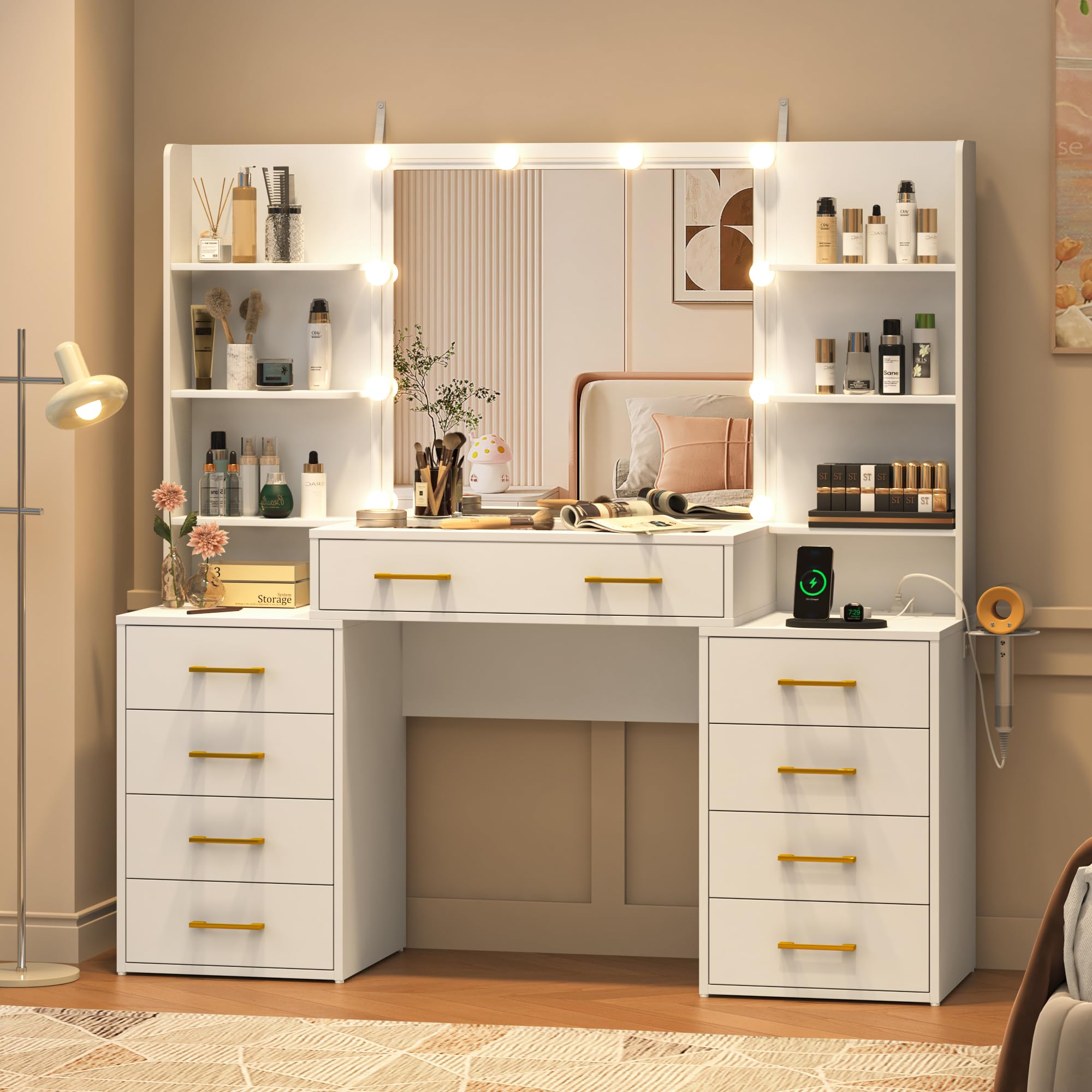 55 in Glass Top Vanity Desk with Mirror and Lights, Large Vanity Makeup Mirror Desk with Charging Station Compartment Storage Drawers, Modern Makeup Vanity with 9 Drawers 6 Shelves, White