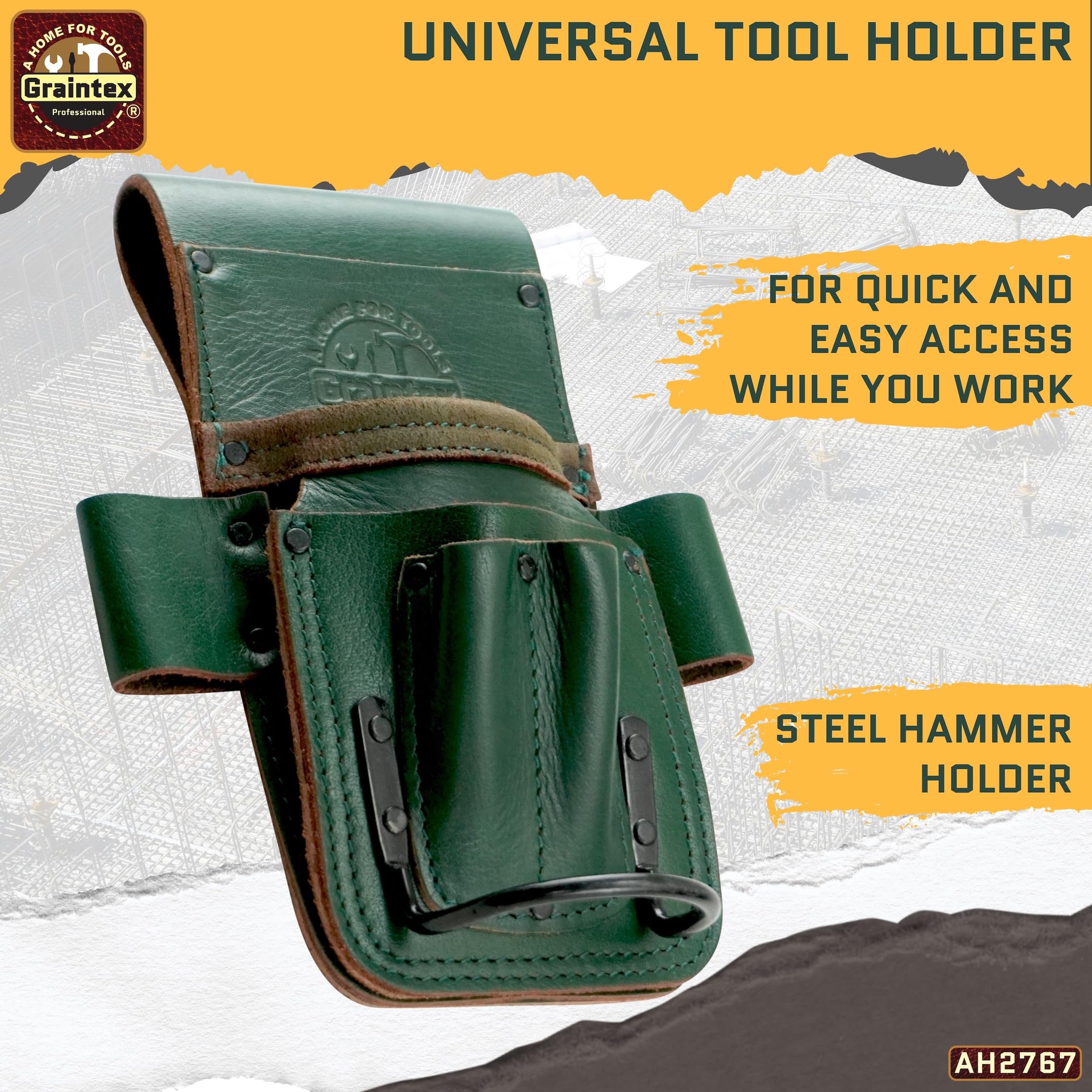 Graintex Ambassador Series - Soporte multiherramientas de 5 bolsillos, cuero de grano superior, bolsa pequeña de cuero, soporte para martillo, cinturones de herramientas multiusos para hombres y