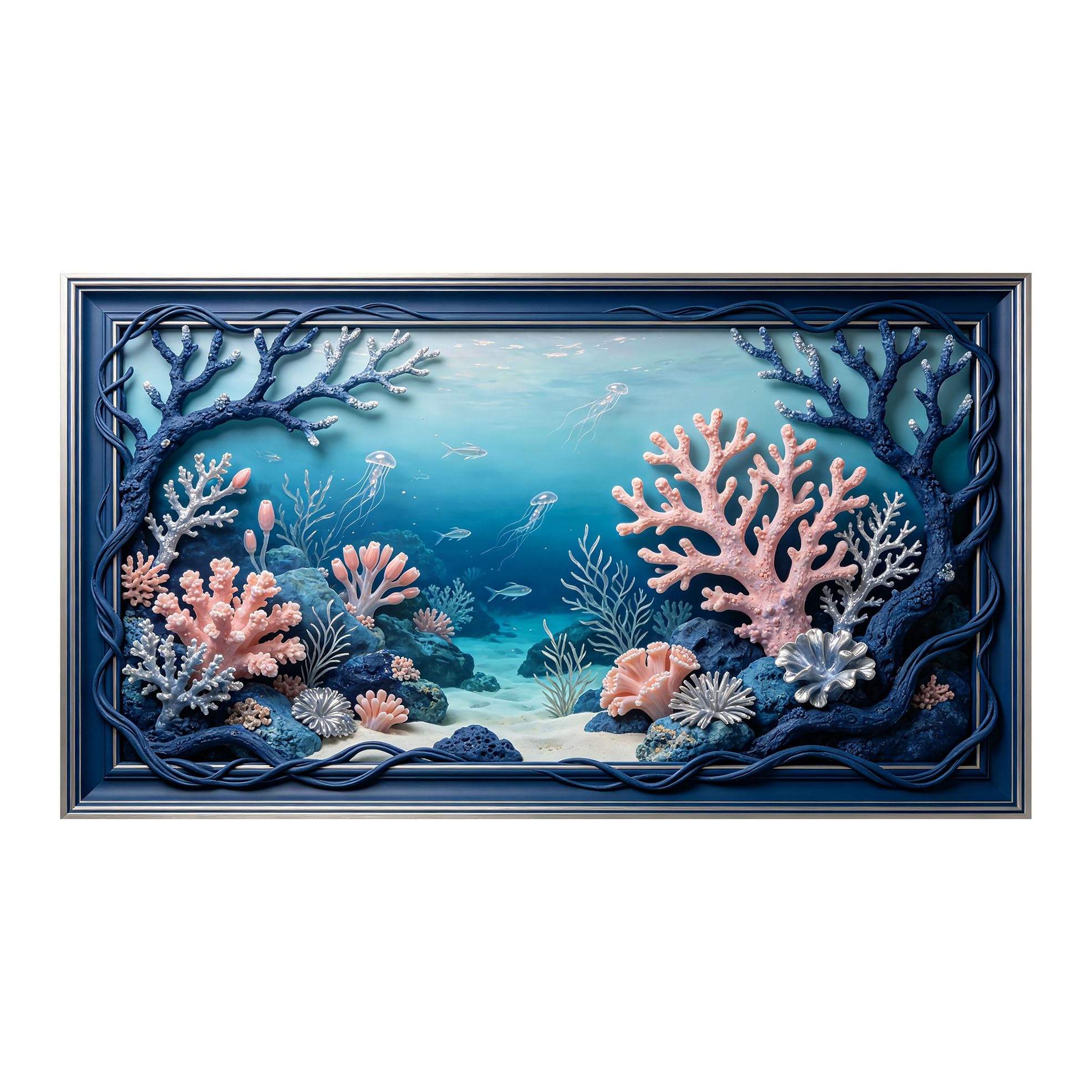 Murasolite 3D Framed Wall Art Underwater Coral Reef Seascape Ocean Marine Style SelfAdhesive Fabric Mural Wall Decor， Peel and Stick No Damage to Wall， AntiFall Safe Design for Bedroom Living Room