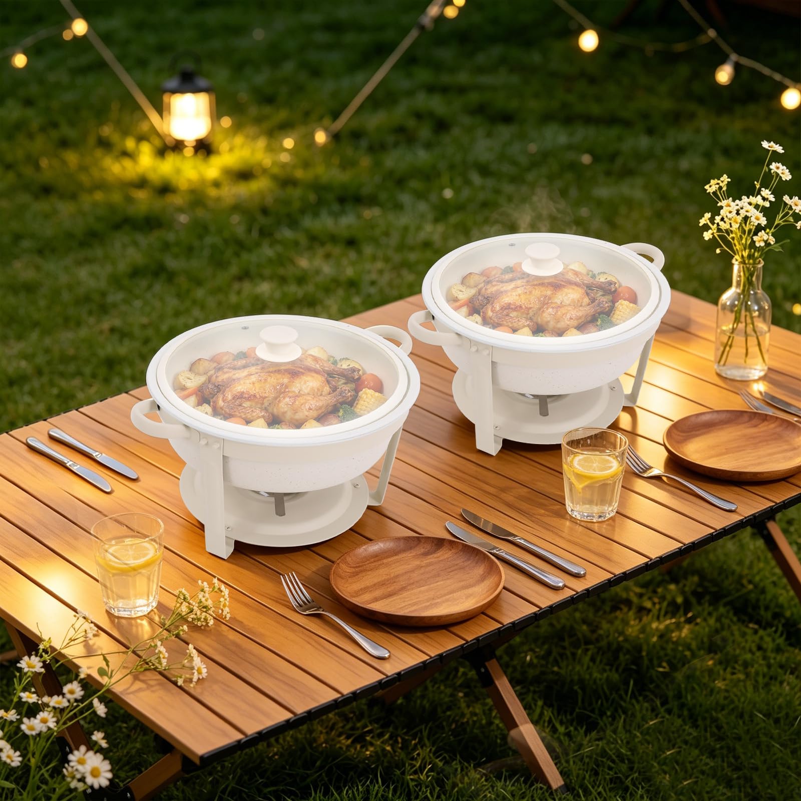 Chafing dish, plato de servir, juego de aparador de 2 piezas 5QT de acero | Set 2 platos 5,5L, acero inoxidable con revestimiento maifanite, vidrio templado, servicio caliente o frío