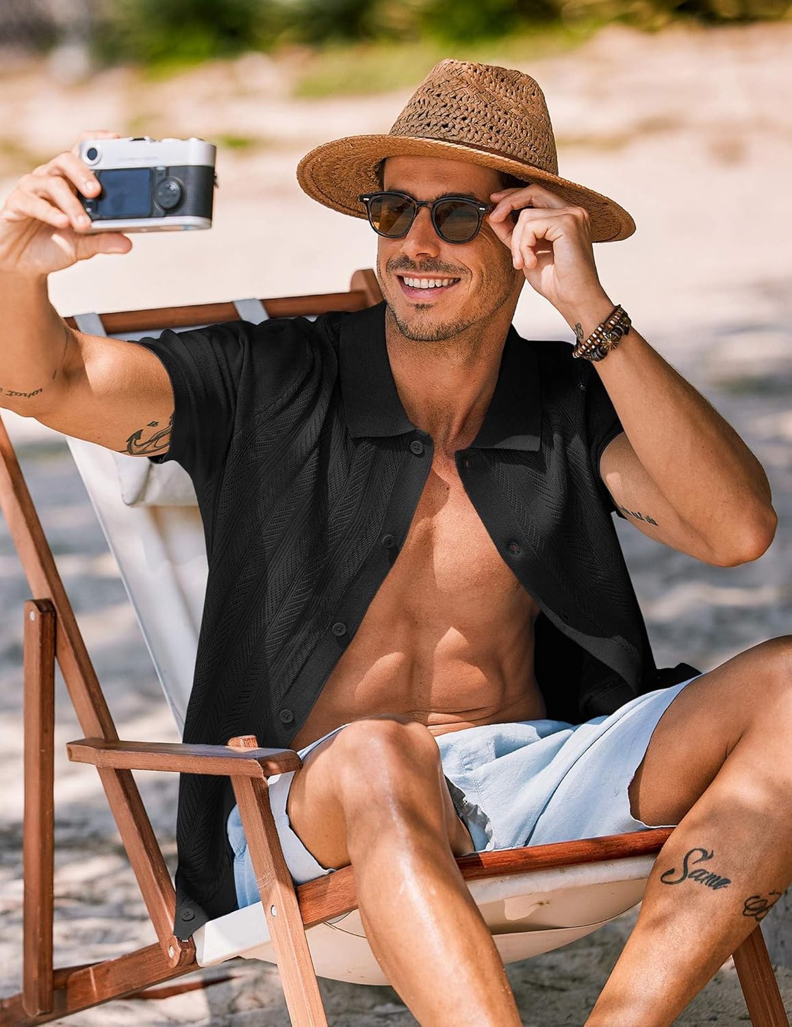 COOFANDY Men's Knit Shirt Short Sleeve Button Down Shirts Vintage Casual Summer Beach Shirts - Image 2