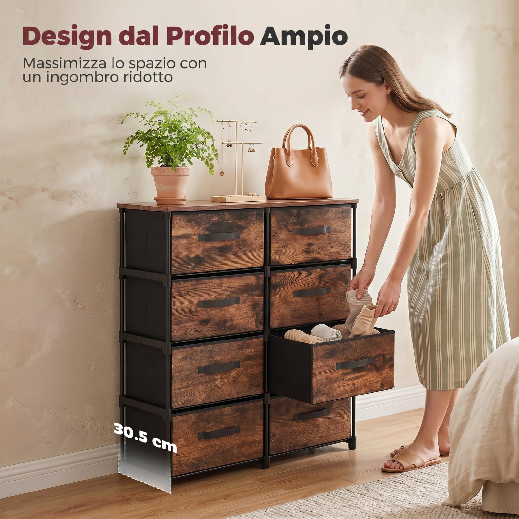 HOMCOM Cassettiera in Tessuto 8 Cassetti 84.5x30.5x100 cm Marrone Rustico | Salvaspazio, Mobile con Cassetti Industriale in Metallo, per Camera da Letto, Bagno e Soggiorno