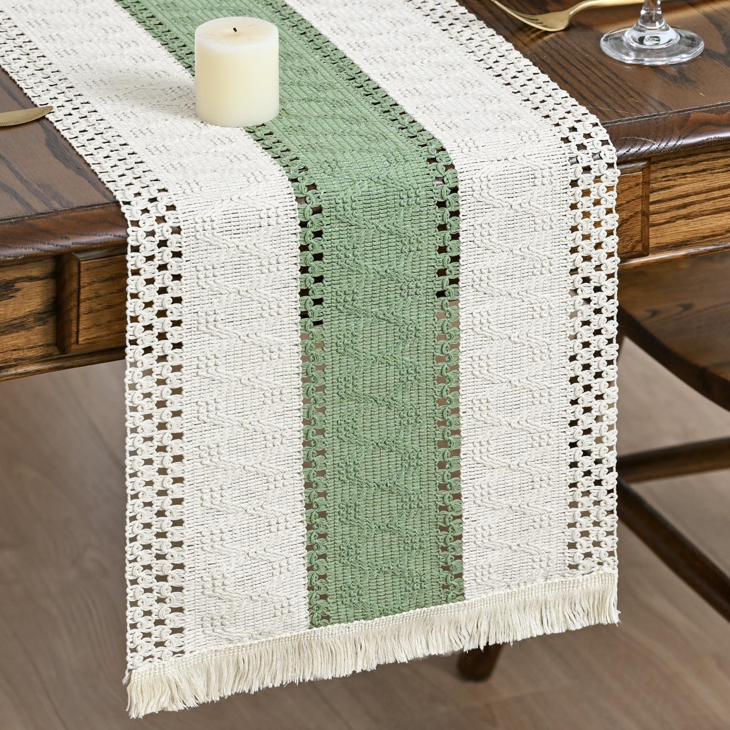 Artoid Mode Light Green Farmhouse Rustic Tassel Table Runner 30x183 cm, Seasonal Holiday Hollow Kitchen Dining Table Decoration for Home Party Decor