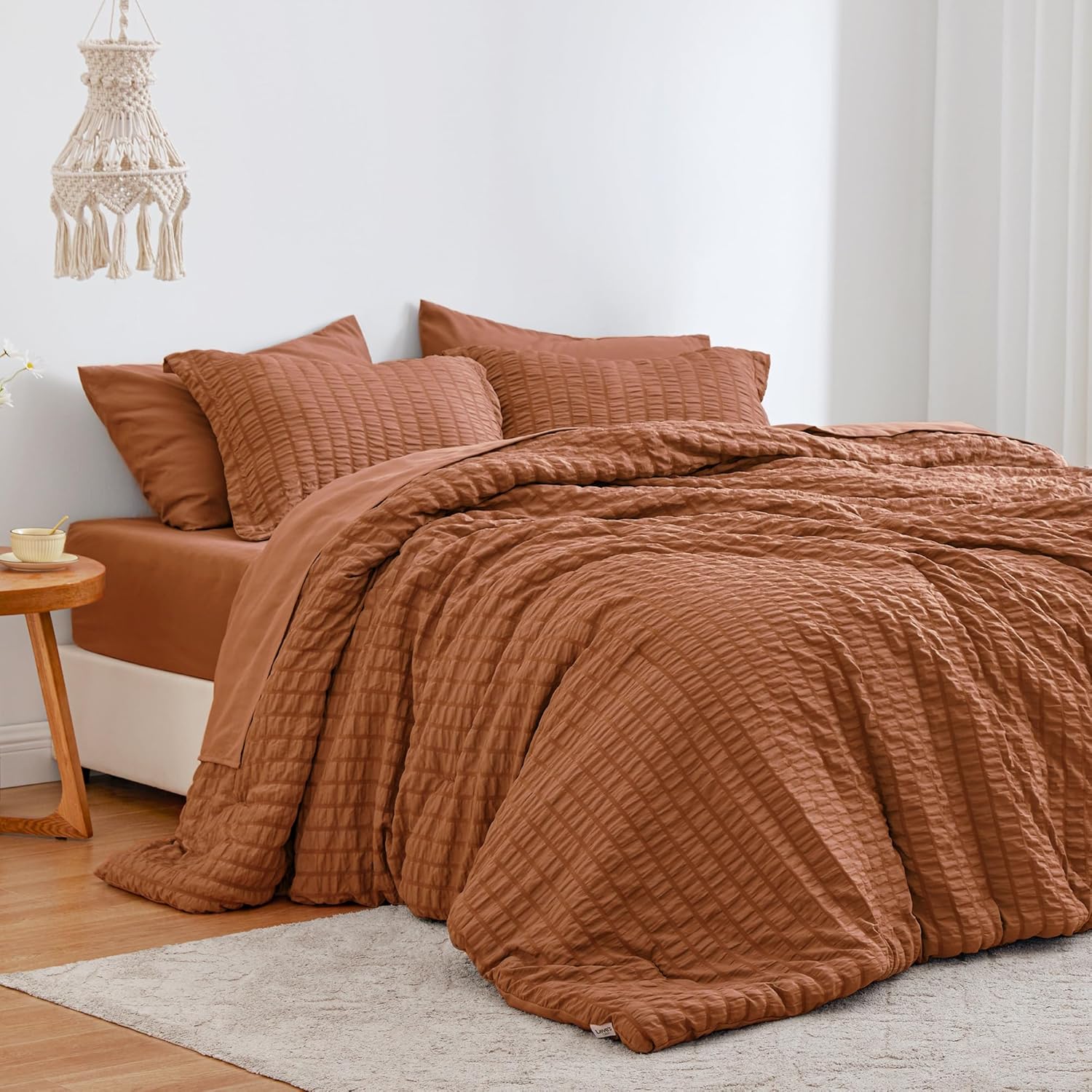 Love's cabin Seersucker Terracotta King Size Comforter Set 6 Pieces, All Season Bedding Set, King Bed in a Bag Comforter Set with Comforter, Flat Sheet, Fitted Sheet, Pillowcase and Pillow Sham