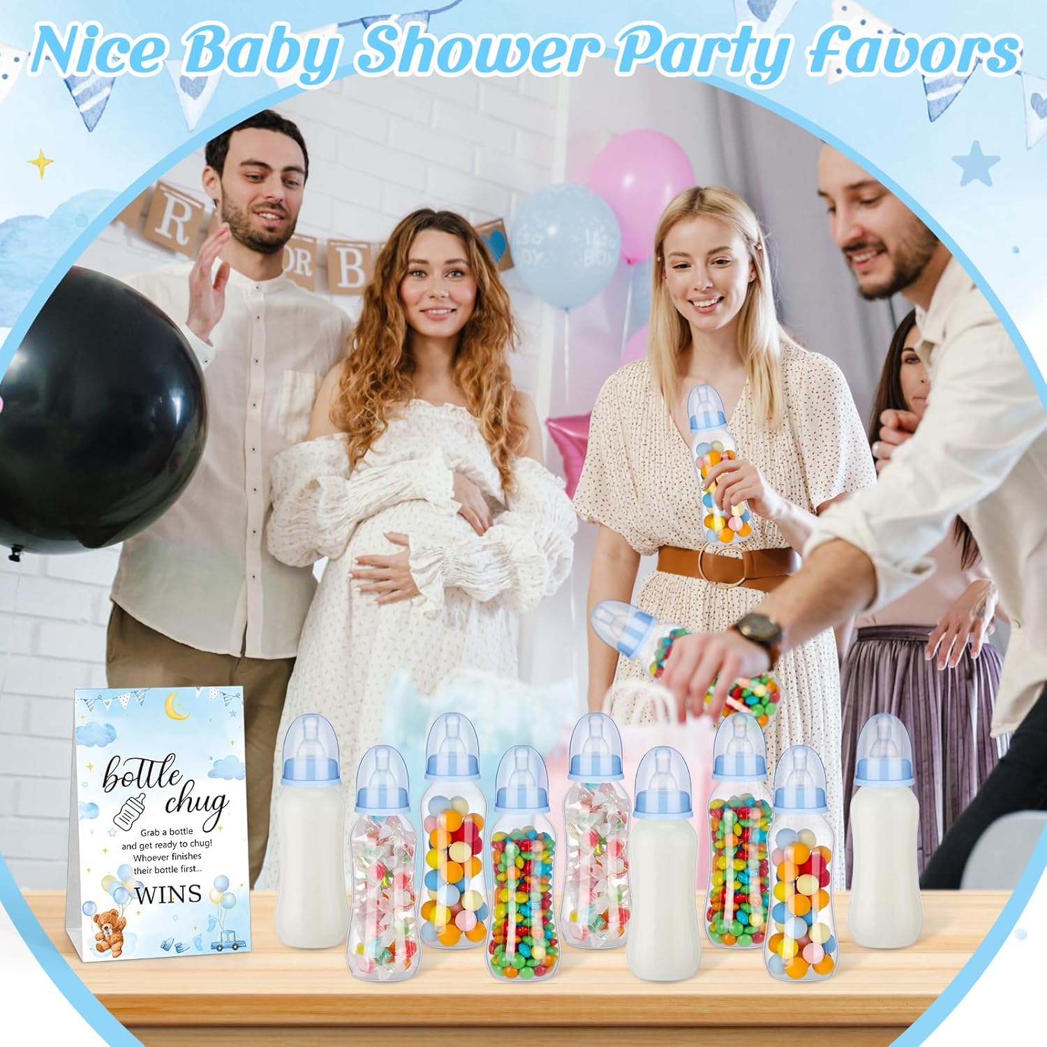 TrelaCo Cool Baby Shower Games Sets 12 Pcs Bottles with 1 Bottle Chug Sign for Gender Reveal Baby Shower Party Favors Decoration Games(Bear,Blue)