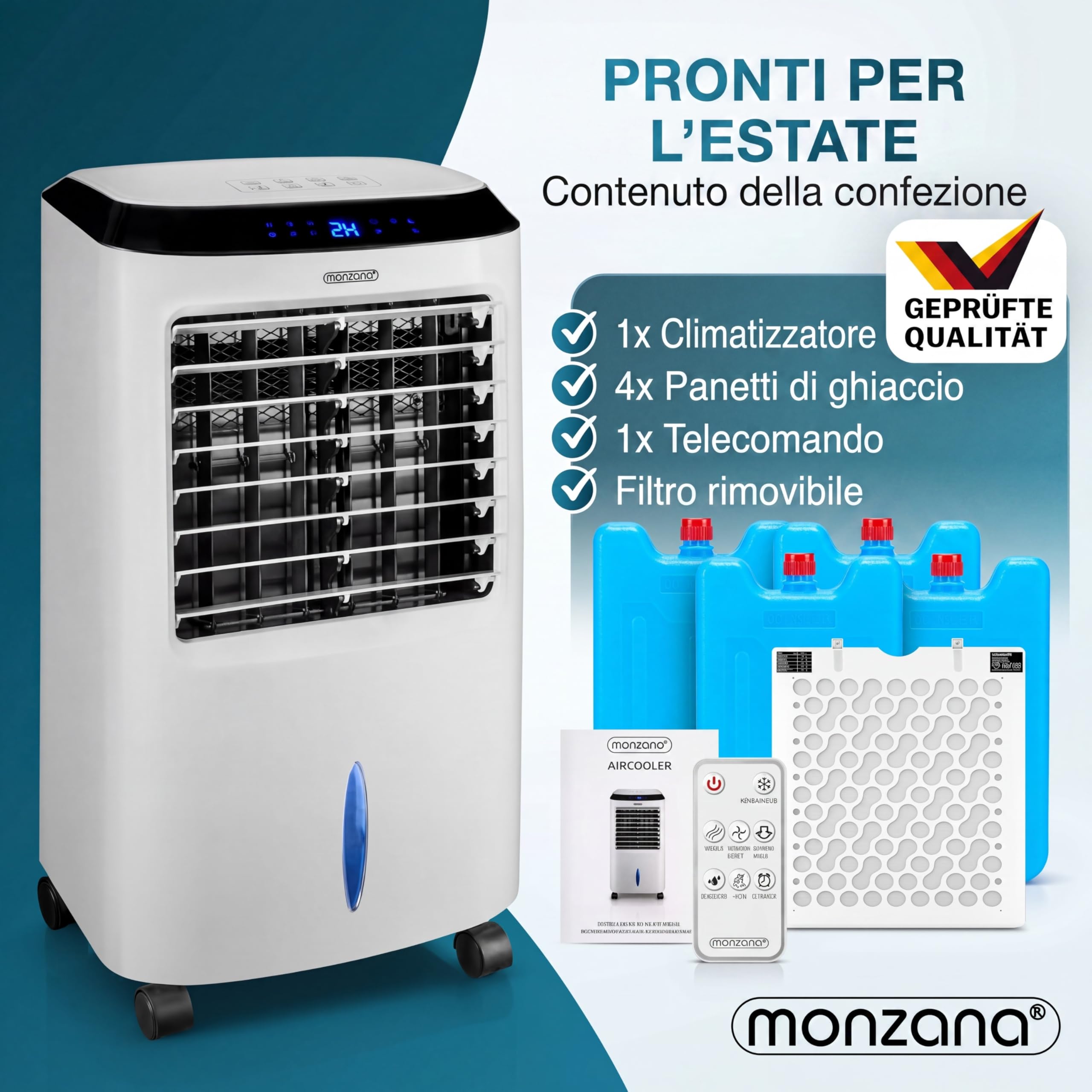 MONZANA® Condizionatore d'aria Portatile 4in1 Serbatoio 10L Ventilatore Silenzioso Modalità Sonno Telecomando Timer LED Raffreddatore Raffrescatore