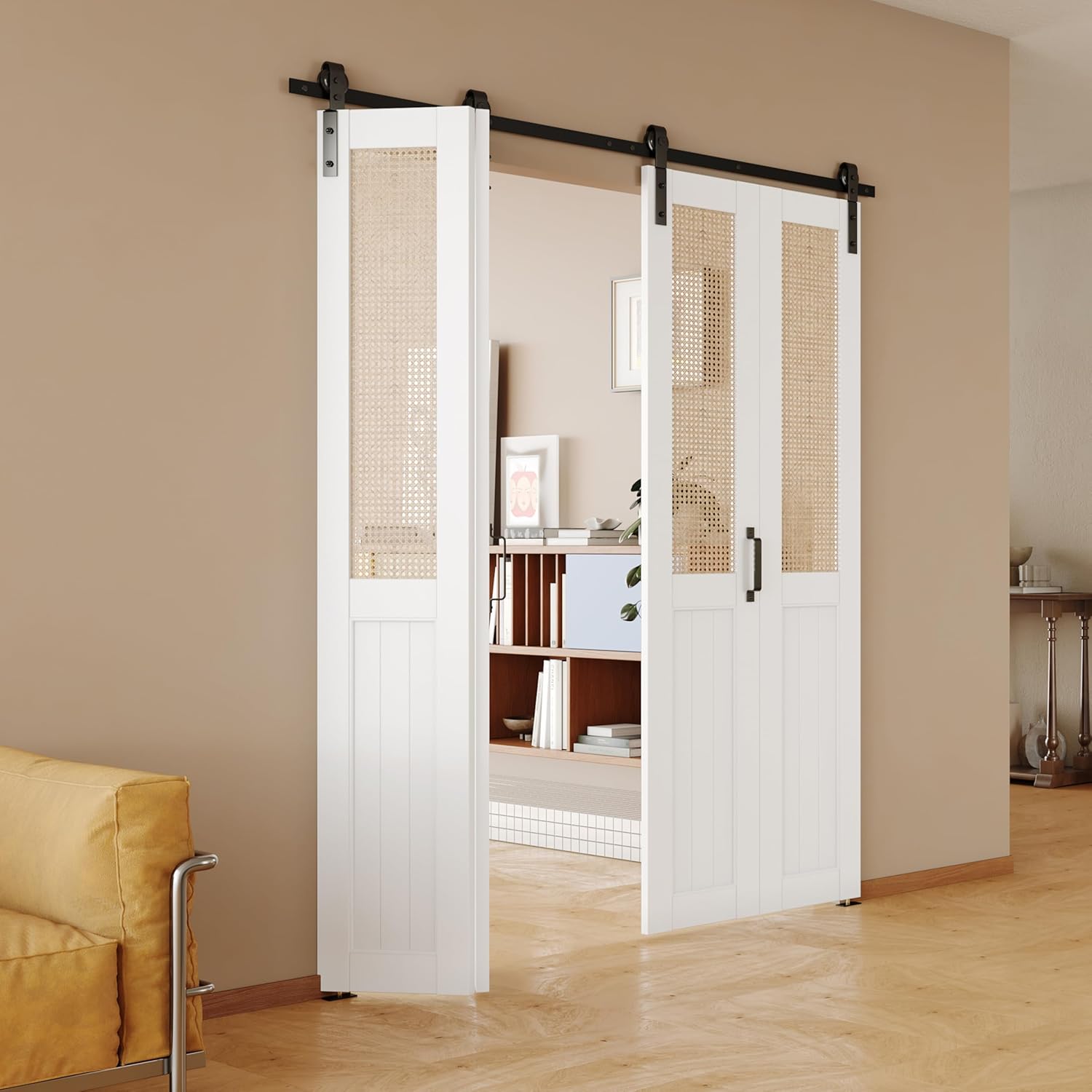 Bifold Barn Door, Cane Webbing Panel with Sliding Folding Closet Door Hardware Kit Set, 36"x 84" Finished Rattan Bifold Door Slab for Bedrooms, Pantry, Storage, 3.3FT Track for 2 Doors, MDF