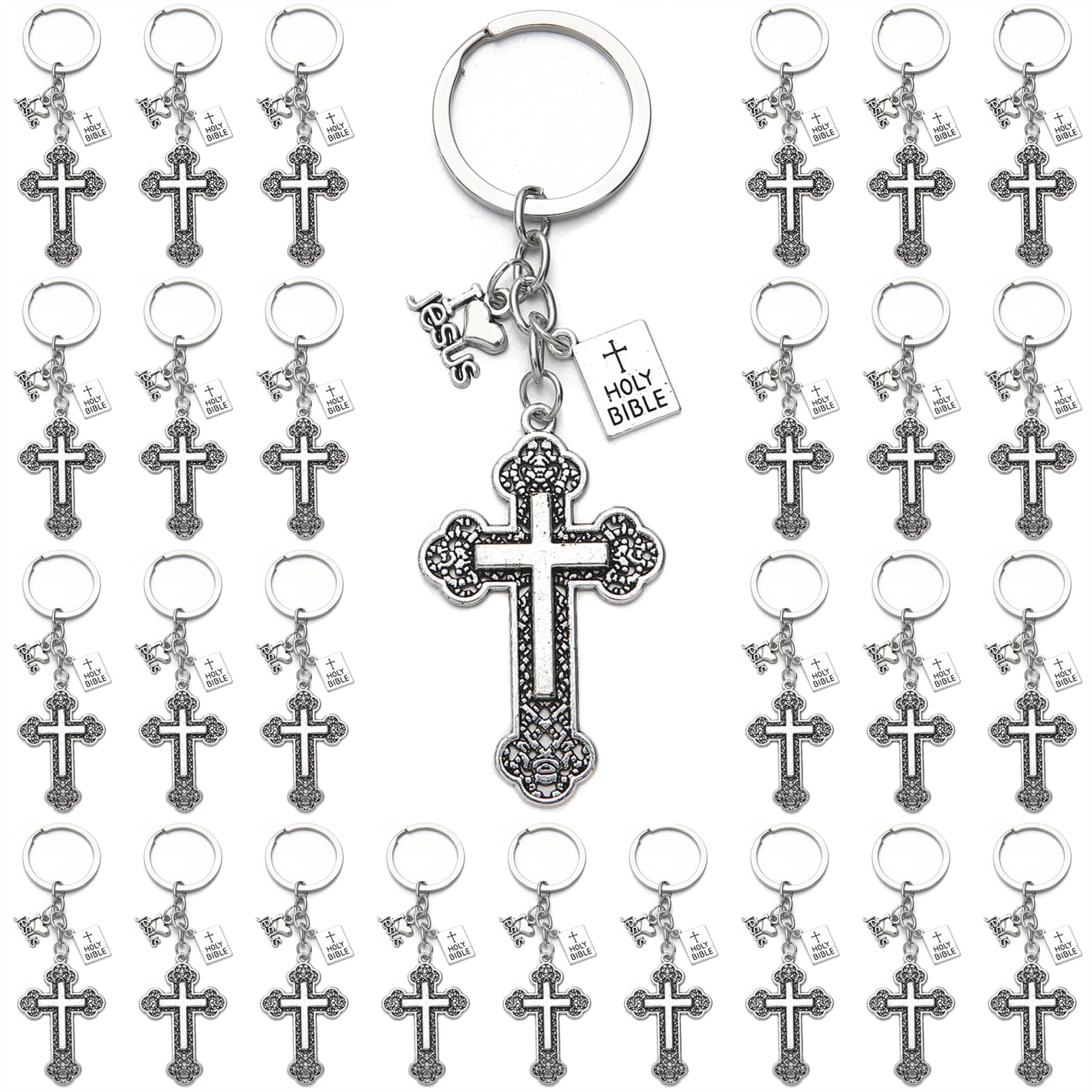 PHAETON 20PCS Cross Key Chains Jesus Cross Book Holy Bible Pendants Keyrings Religious Door Car Key Holders Jesus Key Rings Religious Favors for Christians Easter Prayer Gifts