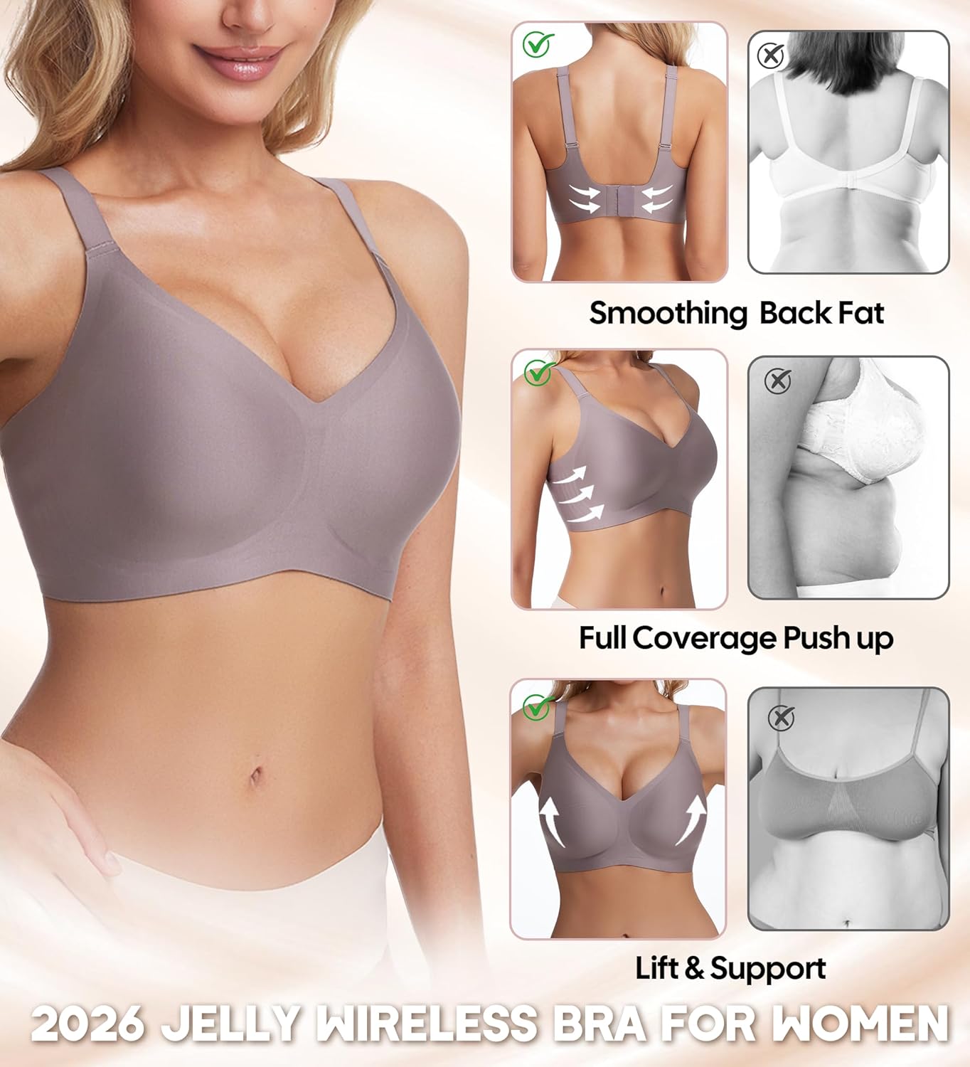 Jelly Wireless Bras for Women Push Up Deep V Seamless Comfort Plunge No Underwire Bra with Adjustable Straps Everyday Bras - Image 4