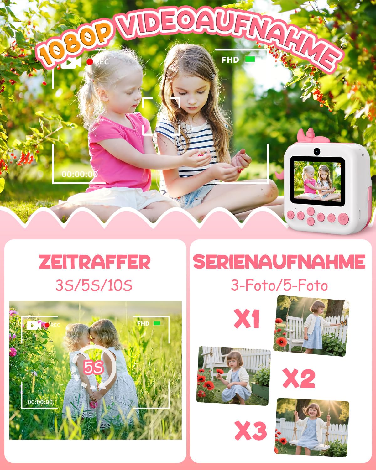 ElecMoga Sofortbildkamera Kinder, 48MP Kinderkamera 1080P HD 2,4 Zoll Bildschirm Digitalkamera mit 32GB Karte & DruckerPapier, Kinder Spielzeug Geburtstag Weihnachten Geschenk für 3-12 Jahren Mädchen