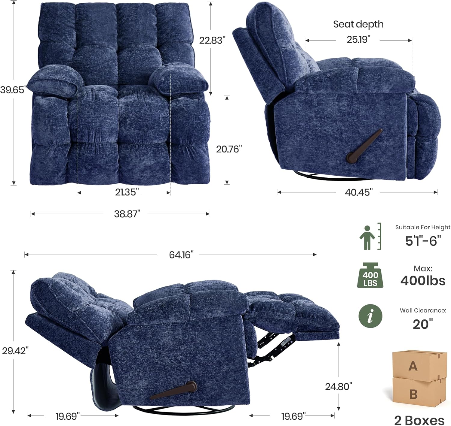 Oversized Rocker Recliner Chair 42” Power Swivel Recliner for Living Room Overstuffed Extra Wide Rocking Recliners with Breathable Soft Fabric Up to 400lbs(Manual Blue)