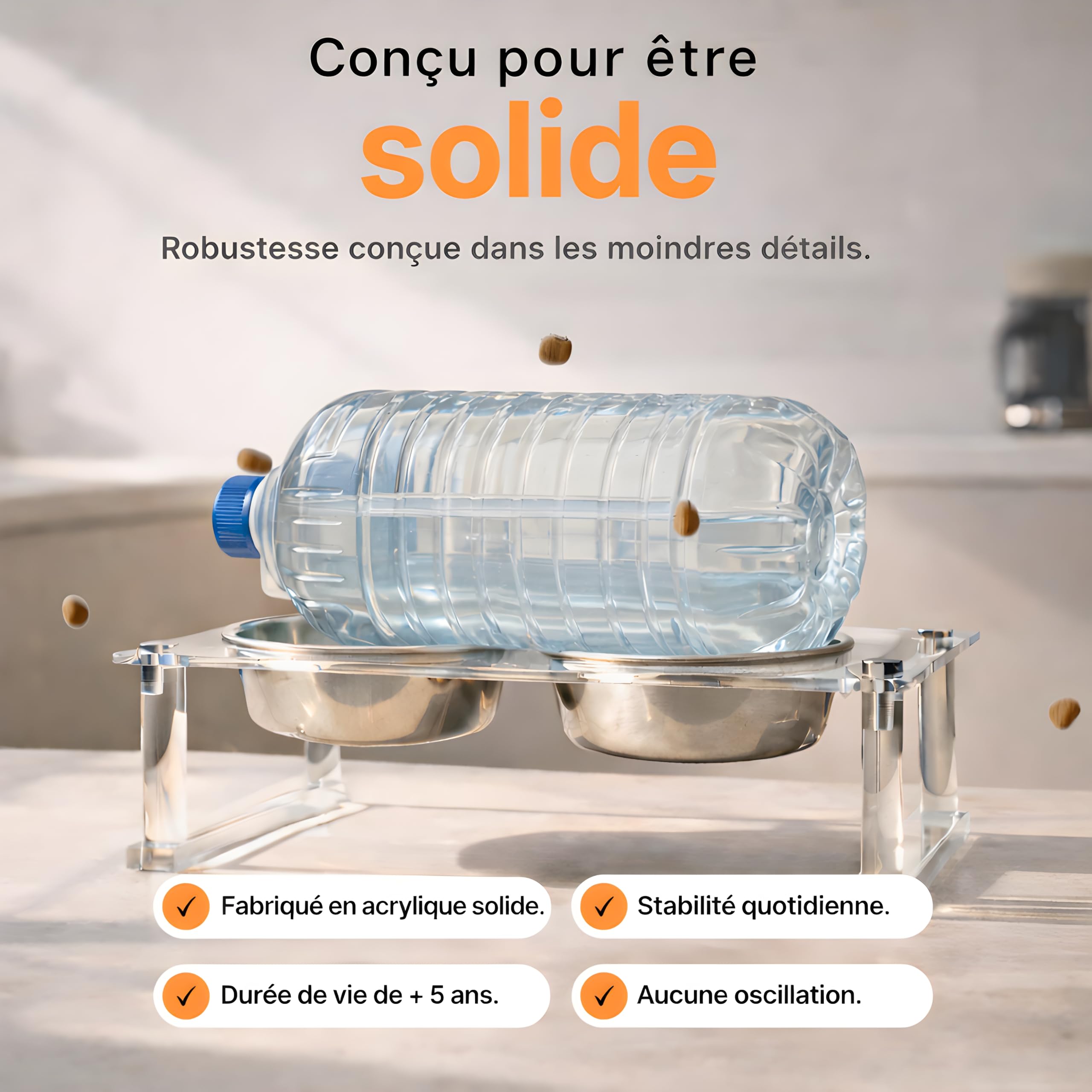 Gamelle Double Chien et Chat Surélevée - Support 4 Hauteurs Ajustables – Double Bols en Acier Inoxydable 800ML + Accessoire Anti-Glouton - Installation Facile - Design Intérieur