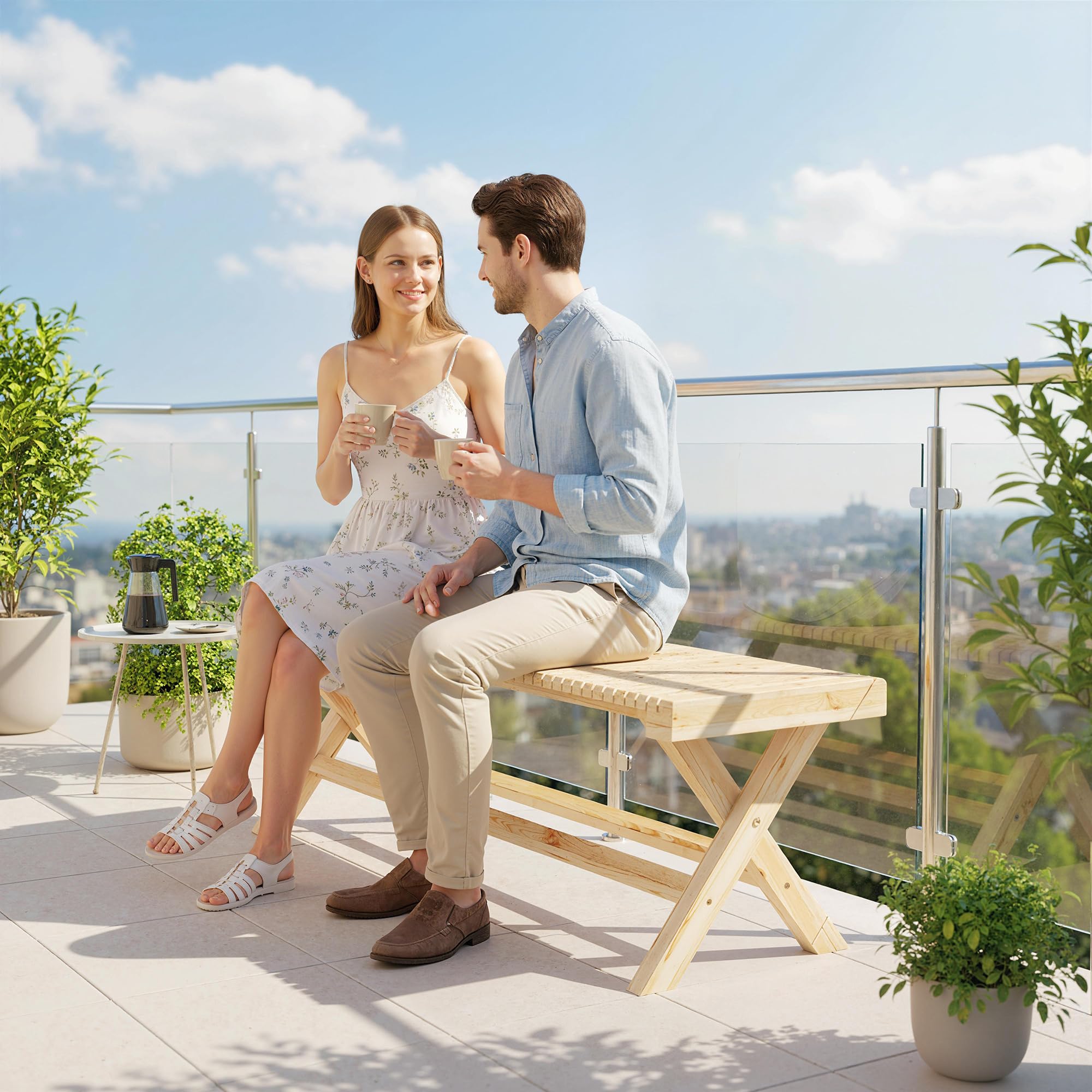 Outsunny - Banco de jardín de madera maciza, banco de jardín con asiento de lamas efecto madera, sin respaldo, para patio, balcón, parque, capacidad 240 kg, 140 x 40 x 43 cm, efecto madera natural