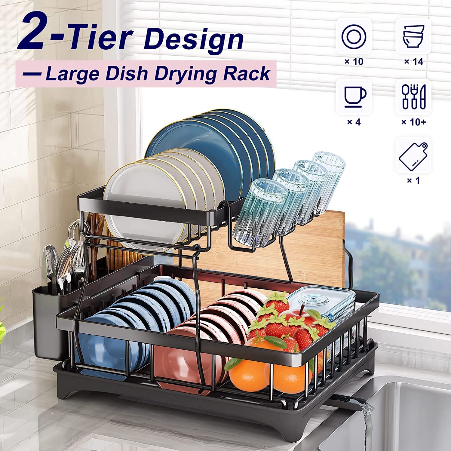 etship Dish Drying Rack with Drainboard Set, Stainless Steel 2 Tier Large Dish Racks for Kitchen Counter, Dish Drainer with Utensil Holder, Dish Strainers with Extra Drying Mat (Black)