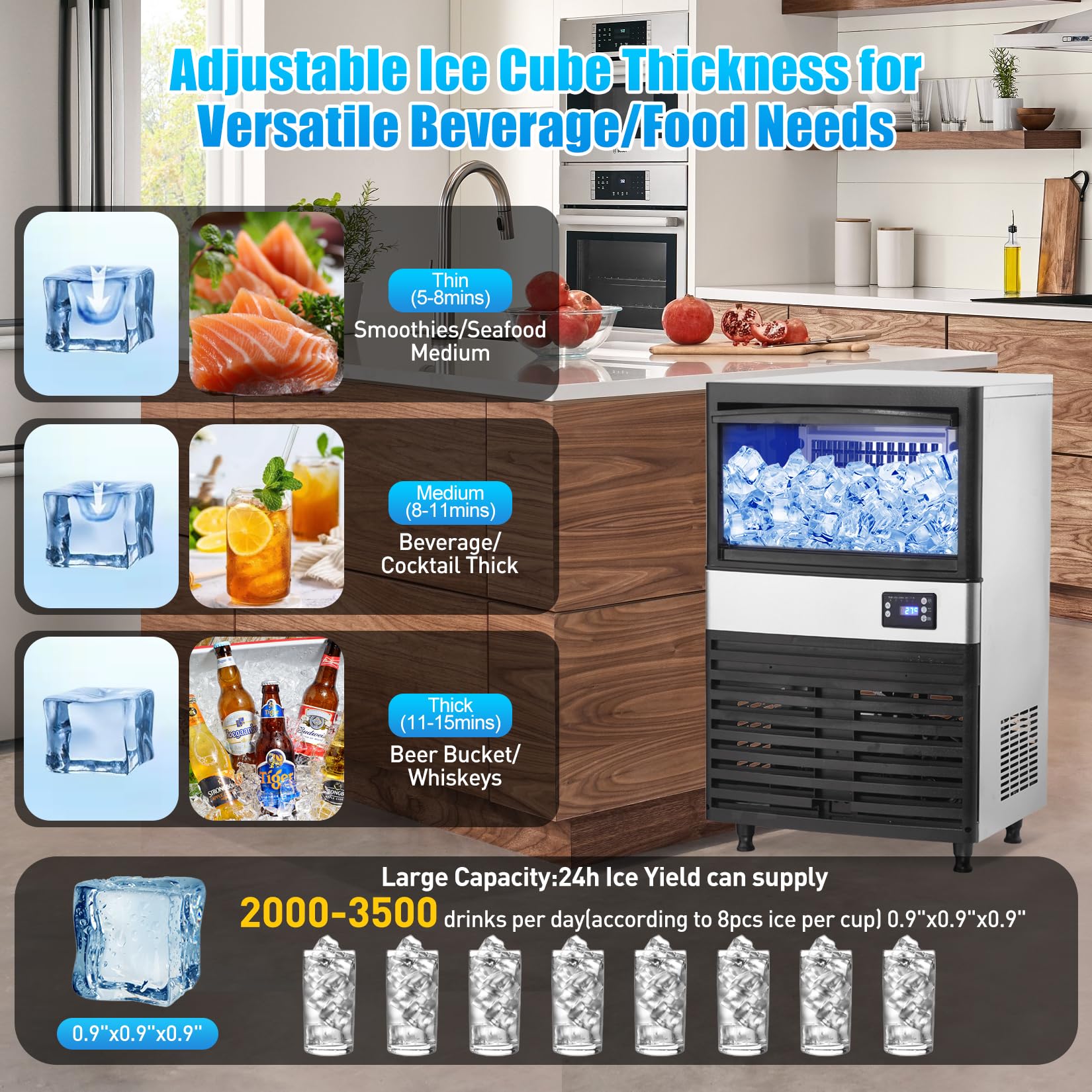 Commercial Ice Maker Machine, 150lbs/24h Stainless Steel Under Counter Ice Machine With 30lbs Ice Storage Capacity, Freestanding Ice Maker For Home Bar Outdoor on Fridge.com - View 3