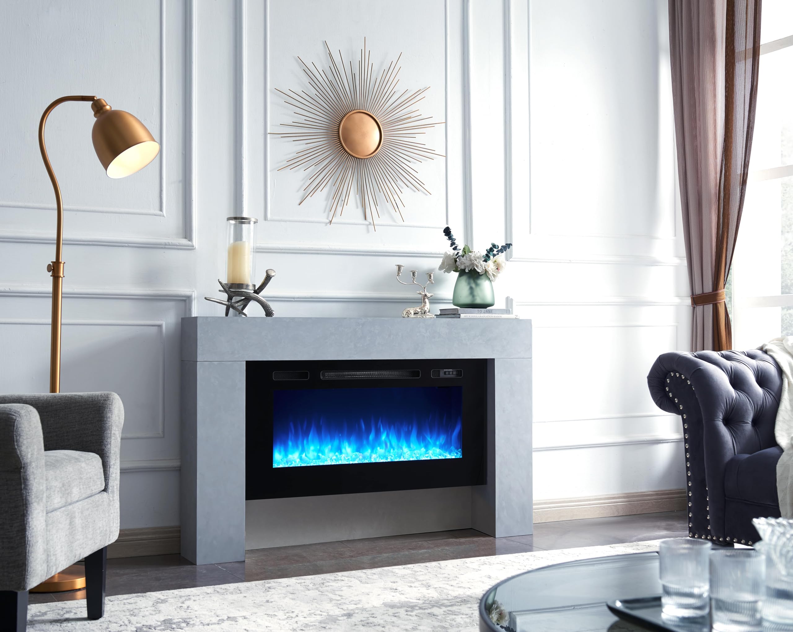 Flamme Cement Grey Carmaux 55" / 141Cm Freestanding Electric Fireplace Suite, 3 Led Flame Colours, 2Kw Heater, Log Set Or Crystal Fuel Bed With Remote