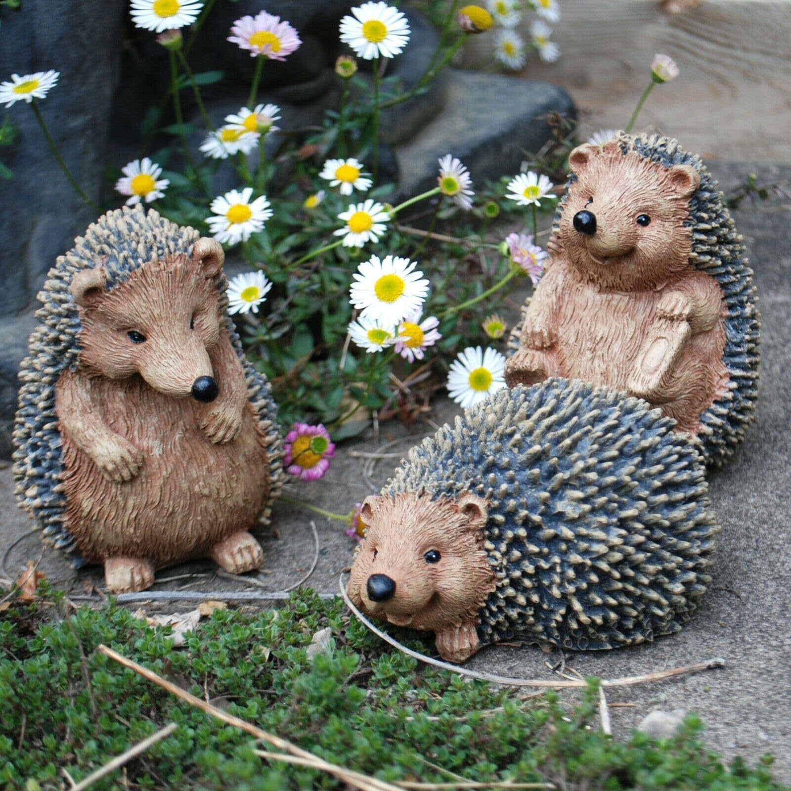 Farmwood Set of 3 Hedgehog Garden Animal Ornaments Outdoor Statues in Brown Resin
