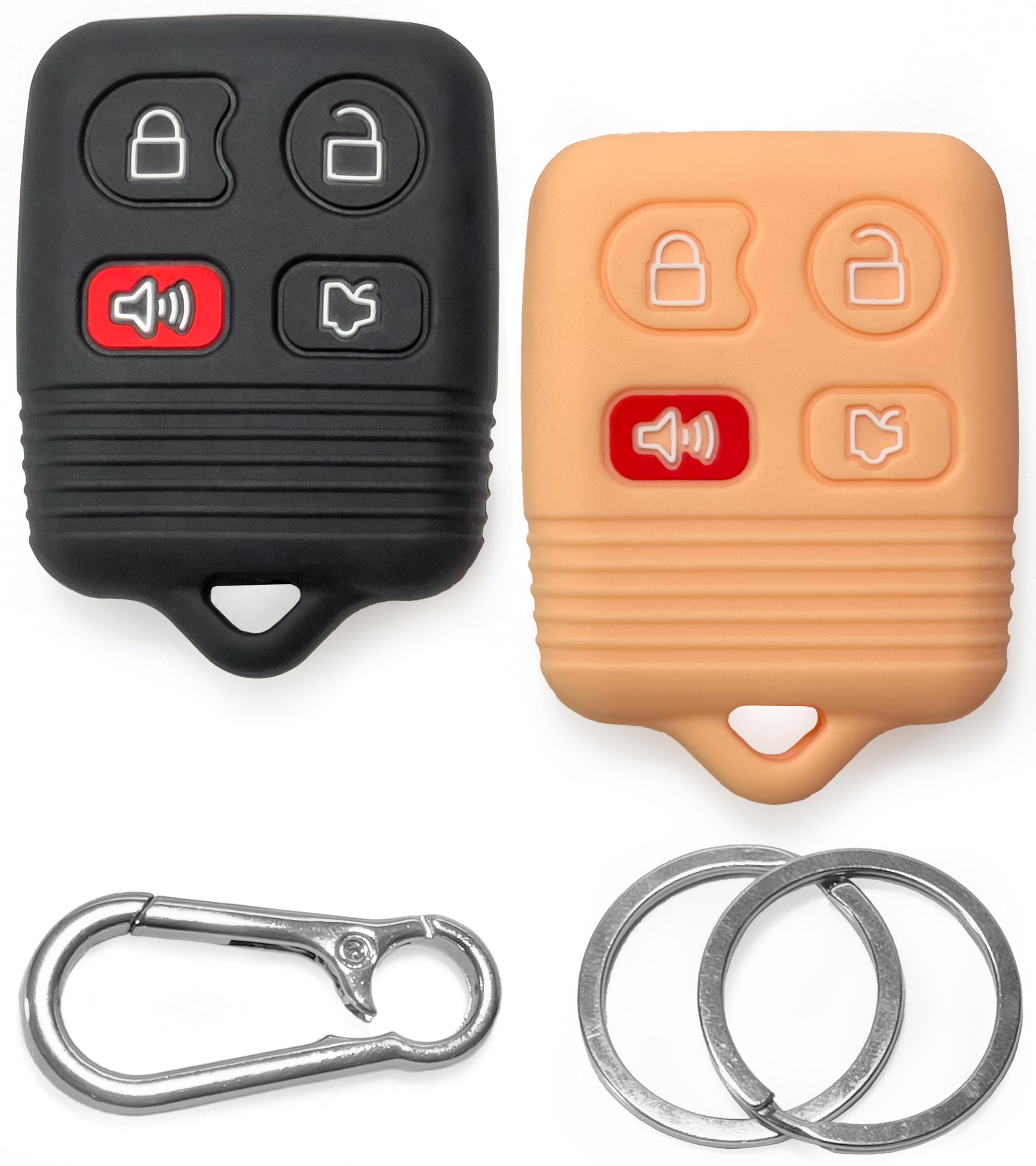 2pcs Click&Fit Silicone Key Fob Covers compatible with 1998-2013 Ford Explorer Escape Focus Fusion Mustang Crown Victoria, Lincoln Navigator, Mercury – Car key shell rubber case 4-Buttons, Black+Peach