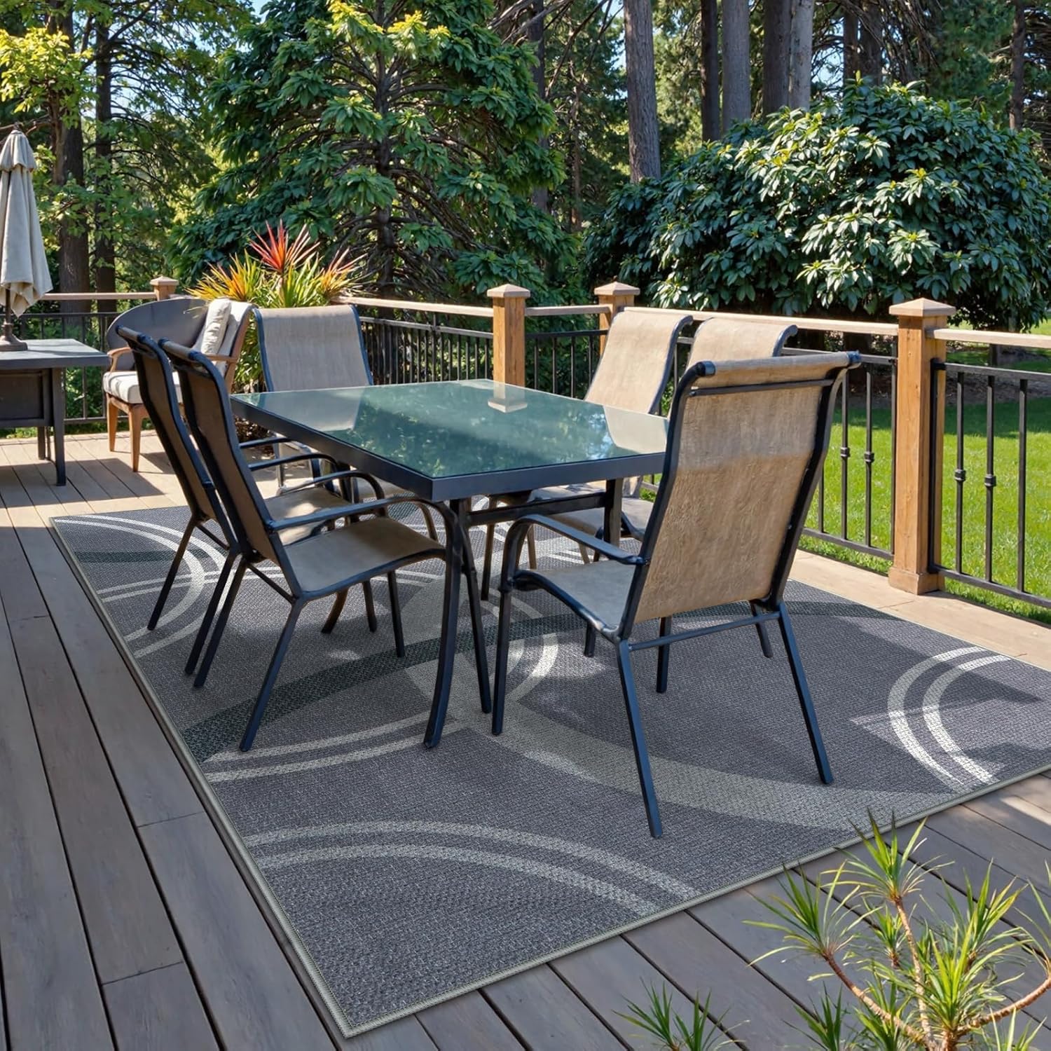 LIVEBOX Modern Easy Jute 5x7 Area Rugs, Grey Geometric Circles Washable Rug for Living Room Bedroom, Non-Slip Low Pile Indoor Outdoor Rug for Dining Room Office Contemporary Floor Mat Carpet