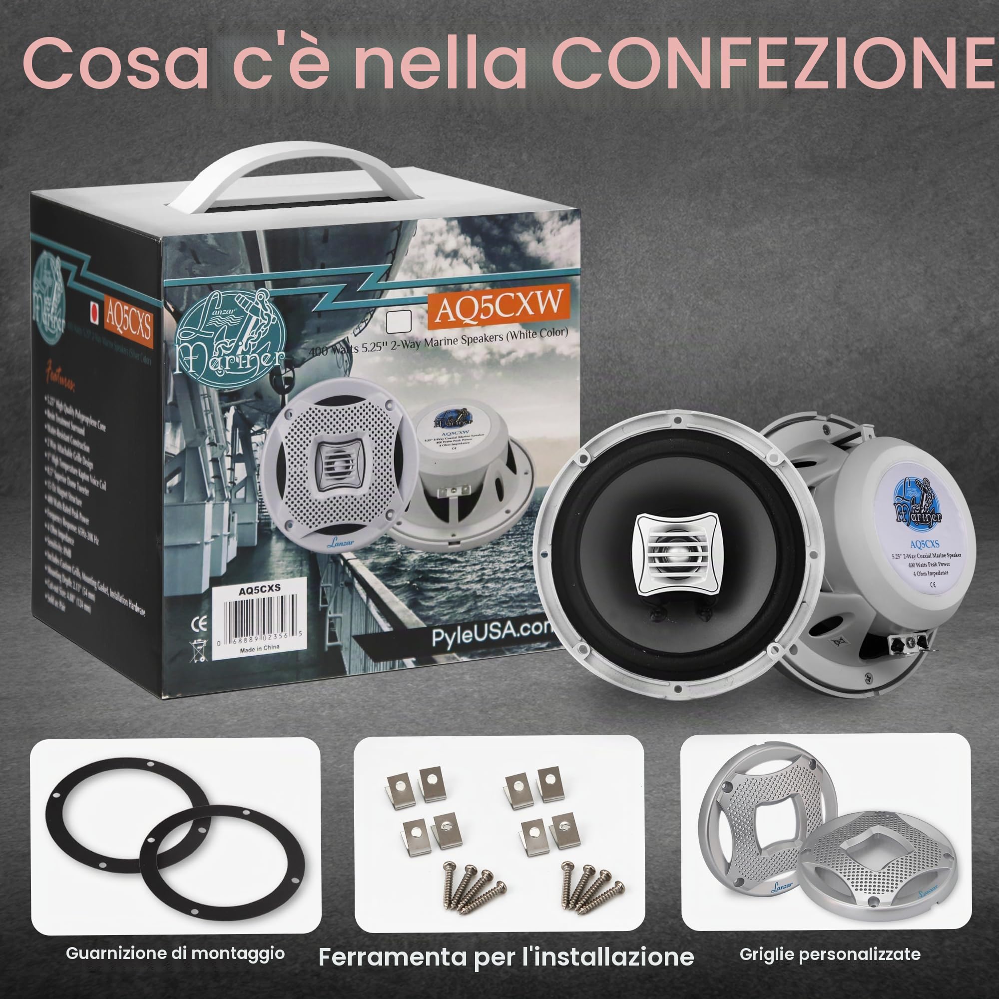Lanzar Altoparlanti marini a 2 vie da 5,25", altoparlanti impermeabili per barche e UTV da 400 W, cono in polipropilene, tweeter a cupola, impedenza 4 Ohm, include griglie, guarnizione di montaggio e