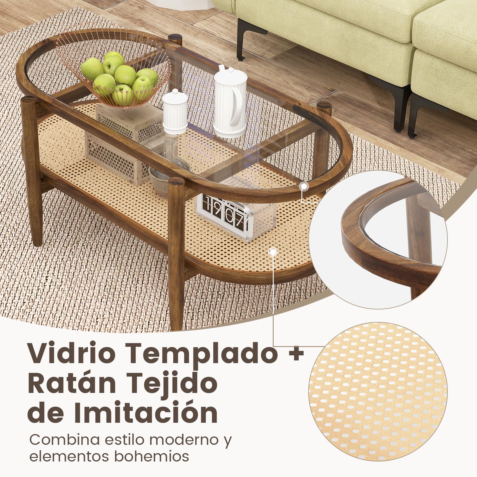 GIANTEX Mesa de Centro Ovalada de Madera Maciza con Tapa de Cristal | Mesa de Salón con Estante de Ratán, 102 x 56 x 47 cm, Estilo Bohemio, para Dormitorio y Oficina