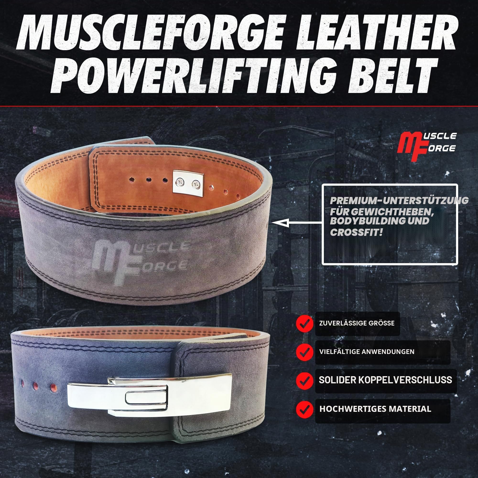 Leder Powerlifting Gürtel mit Stahlschnalle - Gewichthebergürtel für Powerlifting, Weightlifting Belt for Bodybuilding, Krafttraining, Größe S/M/L