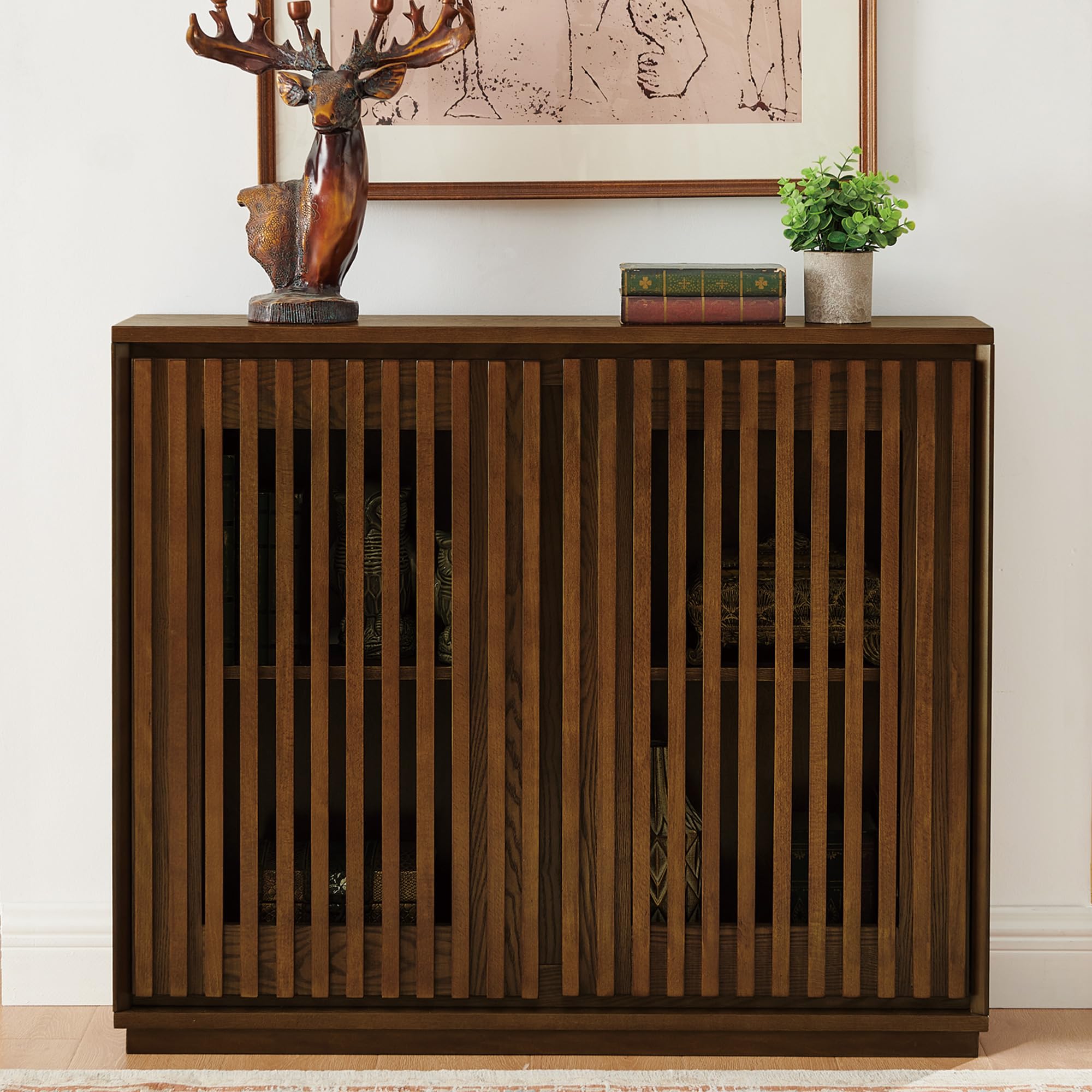 LKTART Mid Century Modern Sideboard Buffet Cabinet, Narrow Credenza Storage Cabinet with 2 Doors,Media Console Table for Living Room,Entryway,