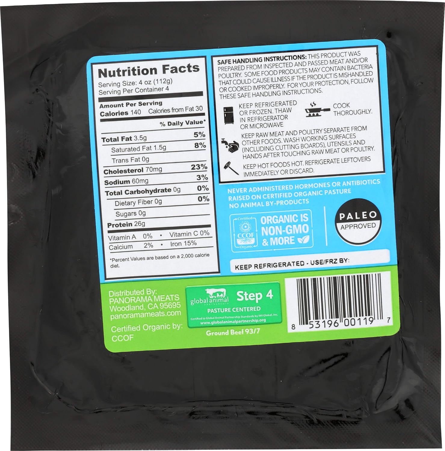 Panorama Meats Organic Ground Beef 93% Lean/7% Fat, 1lb