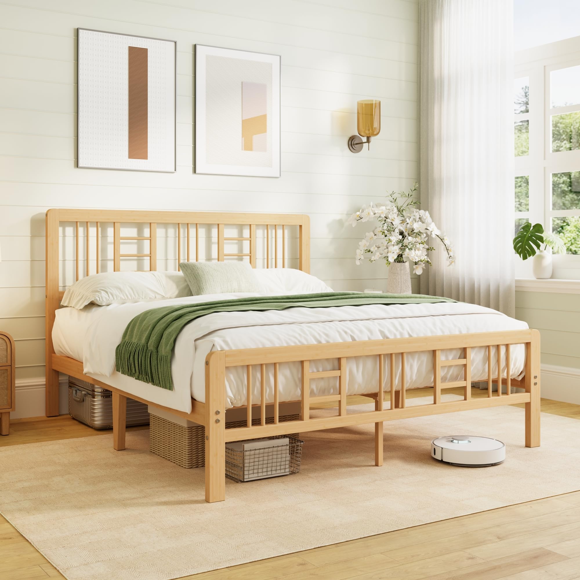 Hunlostten Wooden Double Bed Frame with Headboard - Bamboo Wood Bed Frames with Metal Slats Support and Underbed Storage, Easy to Install, Noise Free, Sturdy, 30.5 cm High