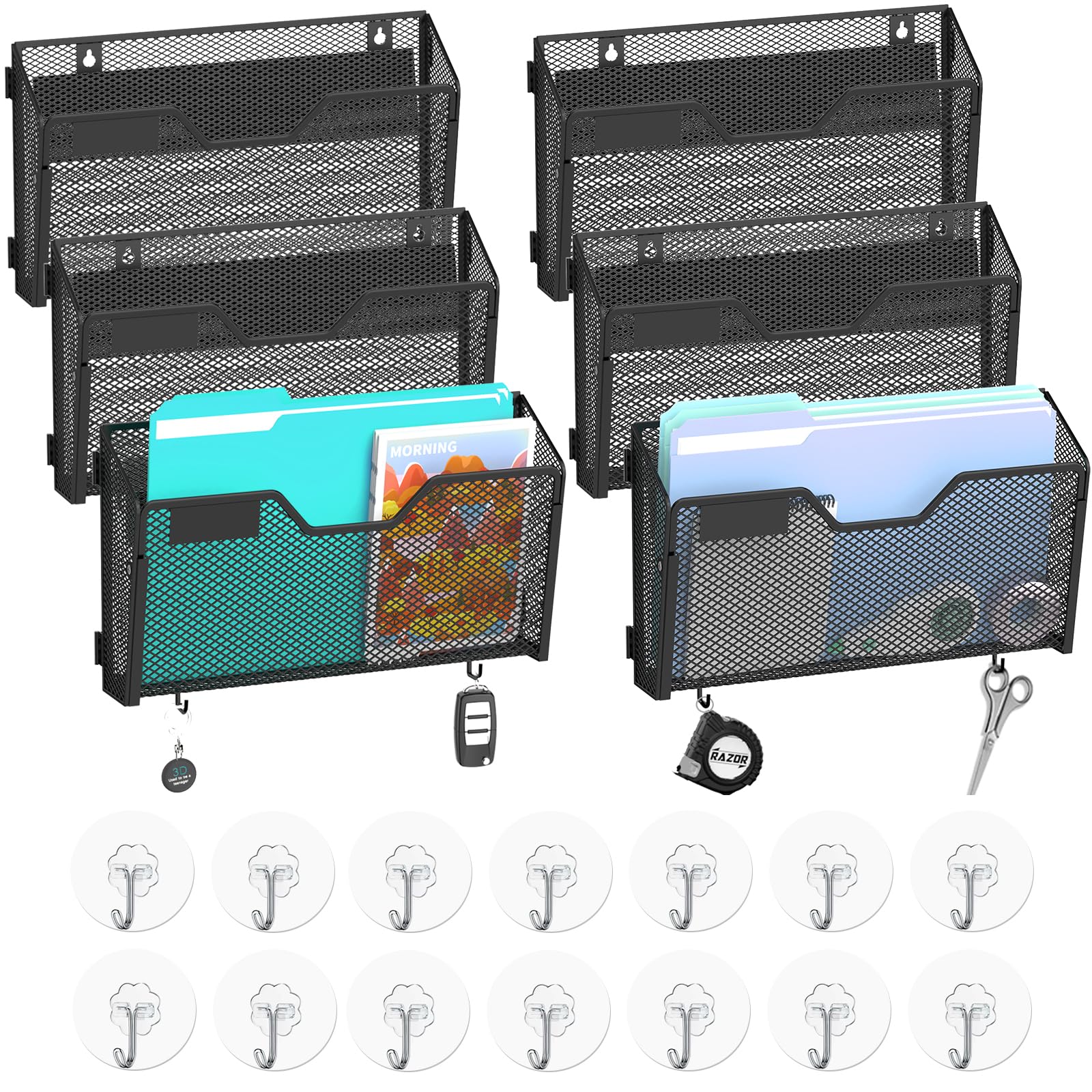 SUPEASY Porta documenti magnetico, confezione da 6 cartelle portadocumenti, senza fori, porta documenti e raccoglitori per casa/ufficio (con pannello per etichette, 14 ganci adesivi da parete)