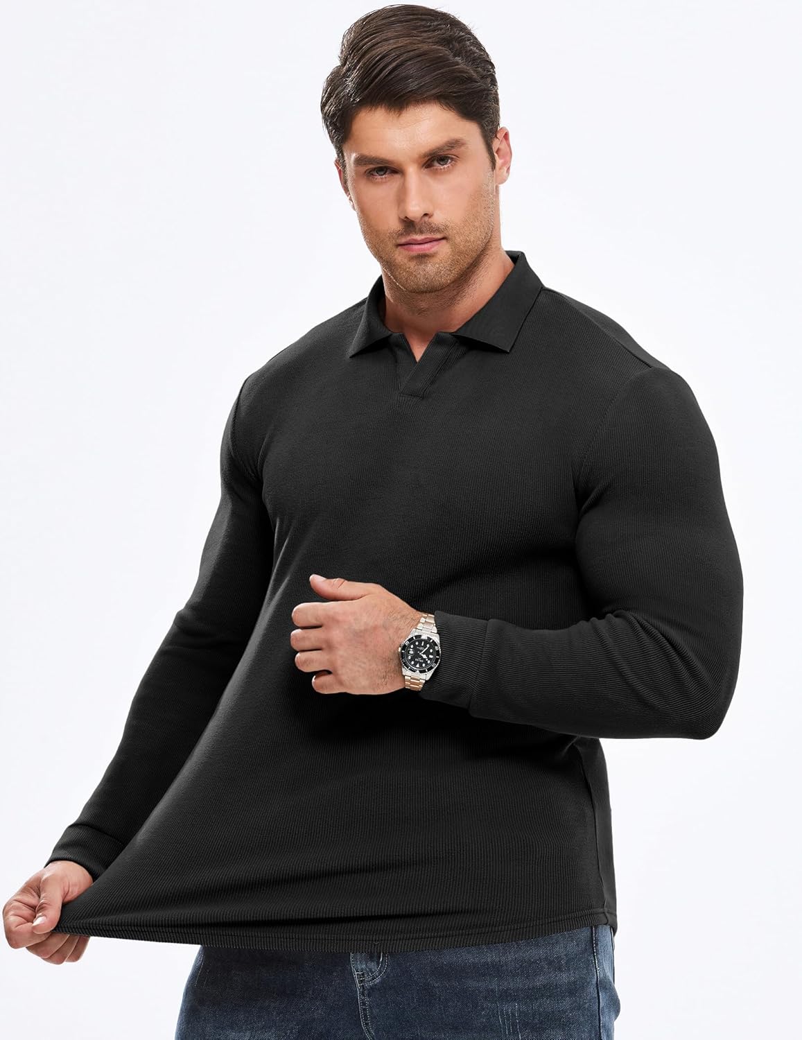 JMIERR Men's Casual Polo Shirt Muscle Slim Fit Long Sleeve V Neck Stretch Dress Golf Shirts - Image 6