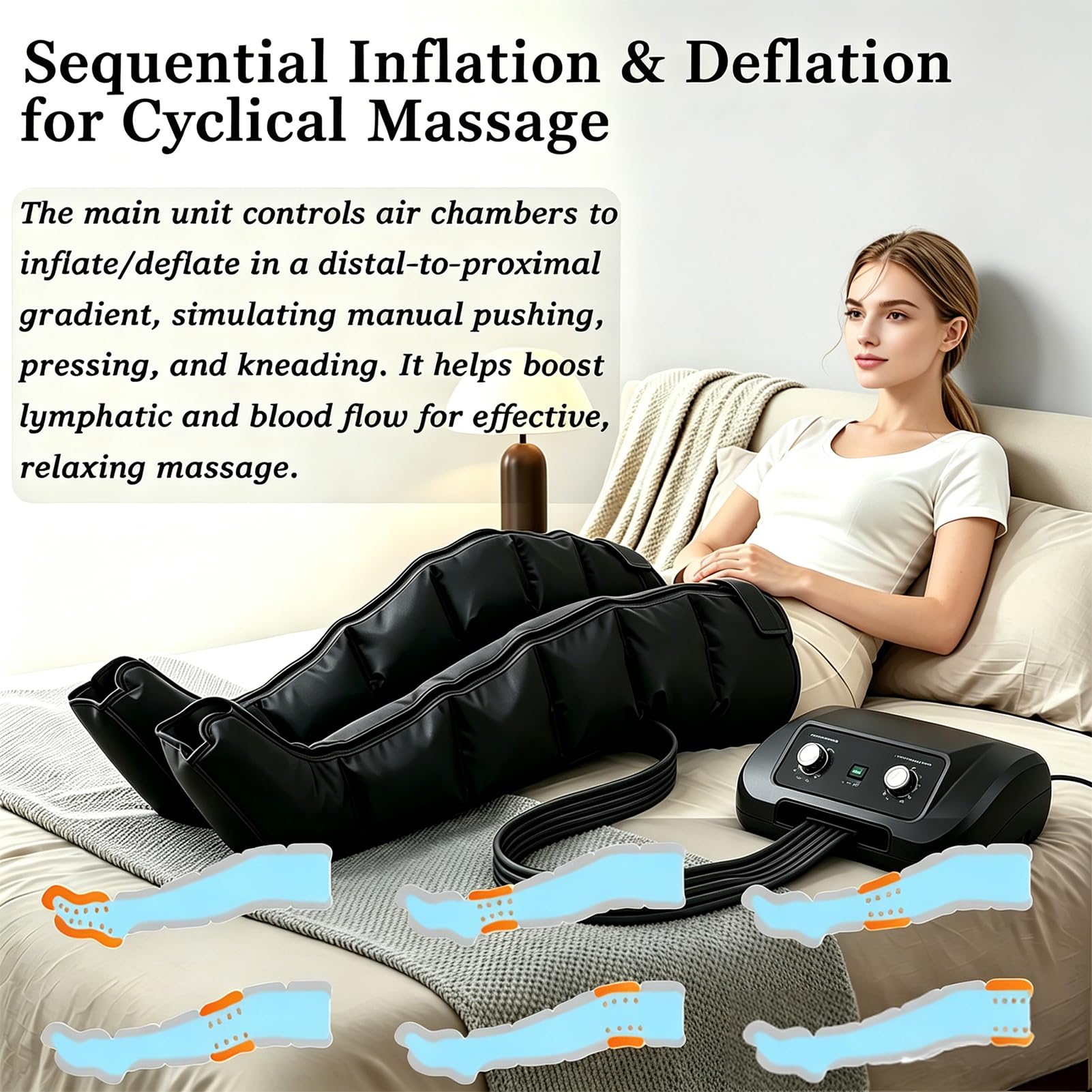 Appareil de Pressothérapie, 6 Chambres, Drainage Lymphatique, Jambes, Ventre et Bras, Pression Réglable 0-240mmHg, Minuteur 0-30 Min (XL, 2legs + waist)