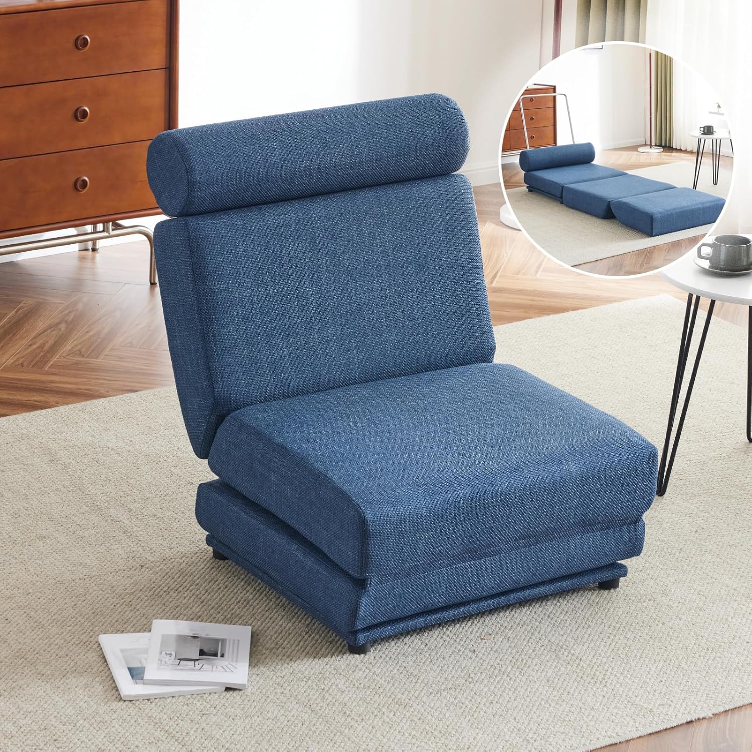 Convertible Sleeper Chair, Chair Bed Sleeper with Pillow, Linen Fabric Floor & Futon Chair Bed for Living Room/Dorm/Guest Use/Apartment (Blue)