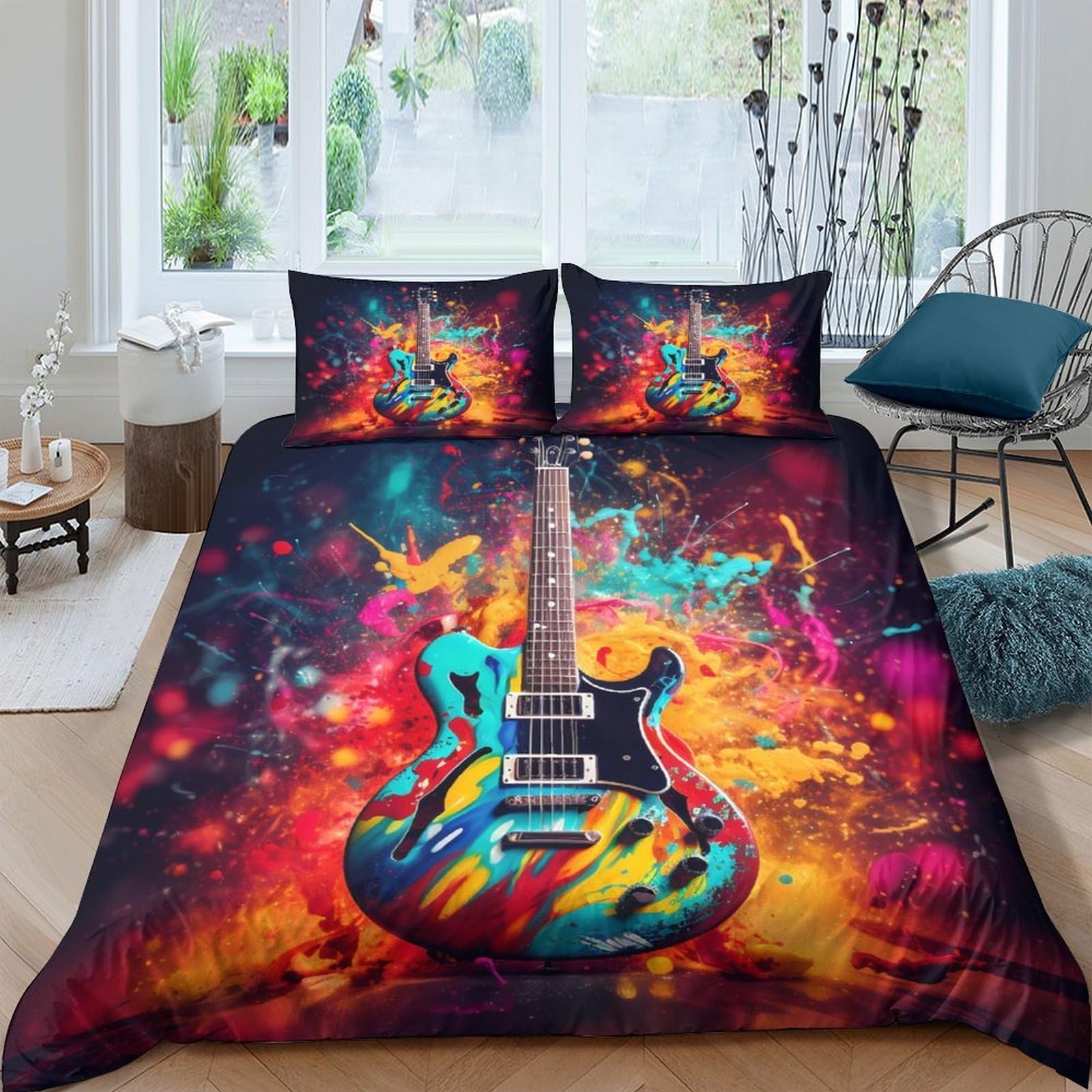 Ctjqhvkz Style-10 3D Printed Electric Guitar Fitted Sheet Microfiber Soft Colourful Abstract Bed Cover For Bedroom Dorm Mattress Protection Decor Single（135X200cm）