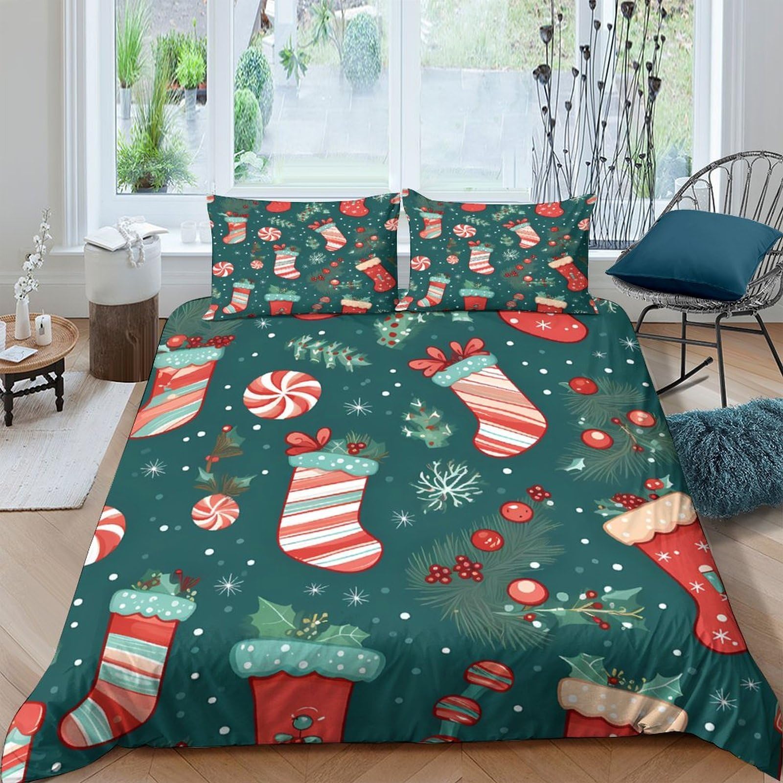 Ctjqhvkz Style-10 3D Printed Christmas Stocking Fitted Sheet Microfiber Festive Candy Cane Bed Cover Anti-Slip Machine Washable Bedroom Decor Single（135X200cm）