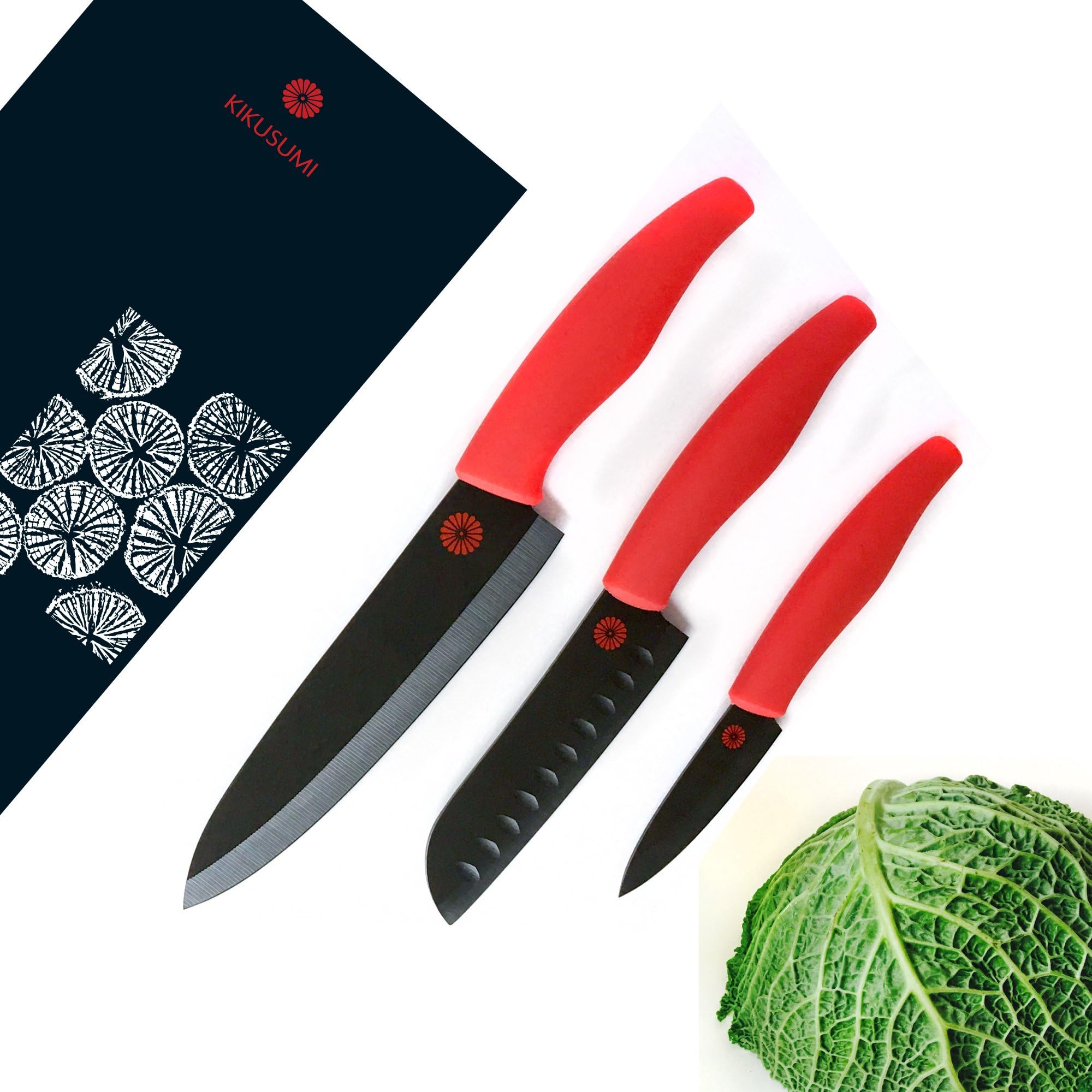 3-Piece Chef Knife Set - BENI Red Handle + Black Ceramic Blade - 7 inch Gyuto Chef Knife + 5 inch Santoku + 3 inch Paring + Luxury Gift Boxed Knife Set + 3 Knife Sheaths