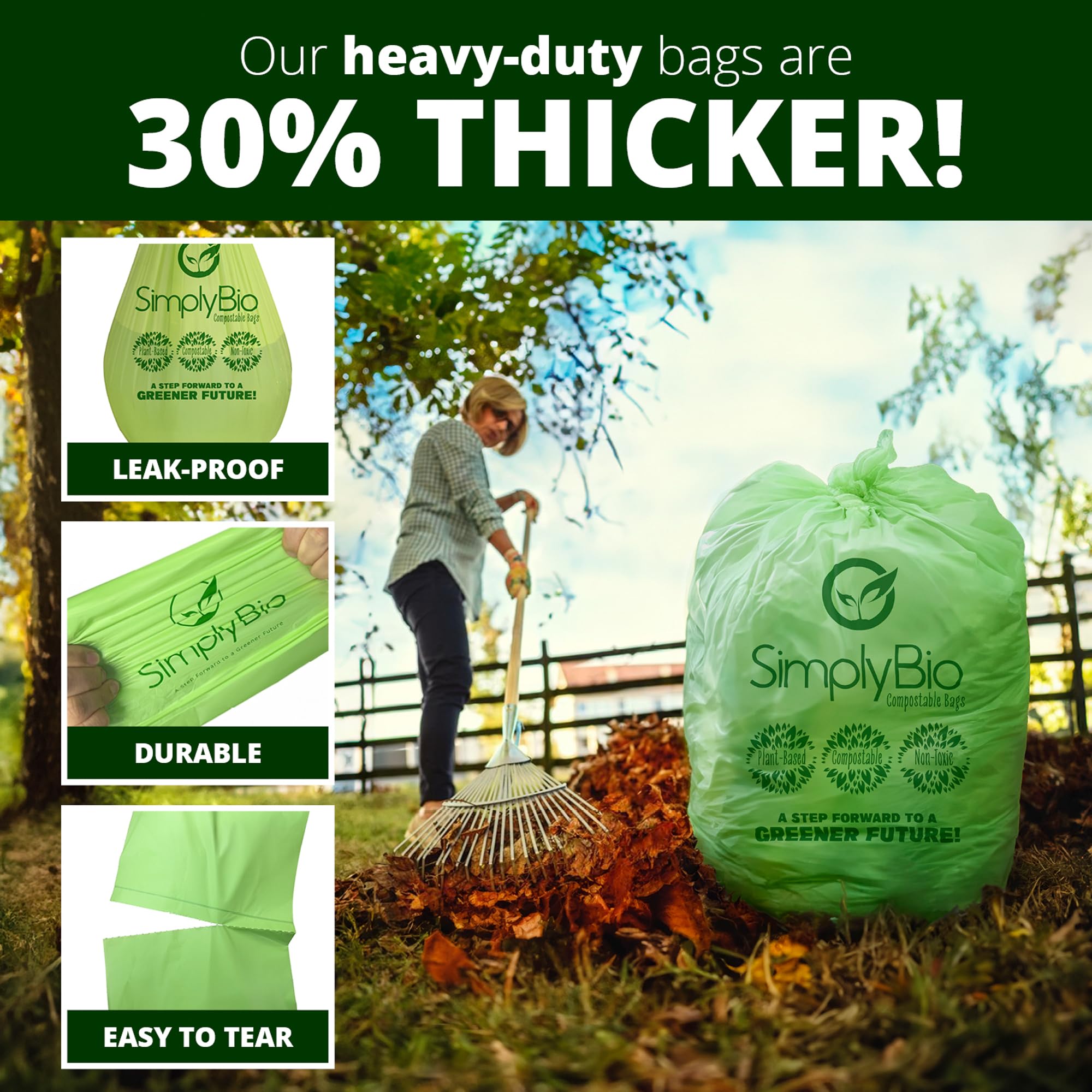 Simply Bio Bolsas de basura compostables de 31 a 35 galones, parte superior plana, resistentes, extragruesas de 1.57 mil, 132.49 litros, 100 bolsas, césped, patio y restaurante, ASTM D6400, US BPI, OK