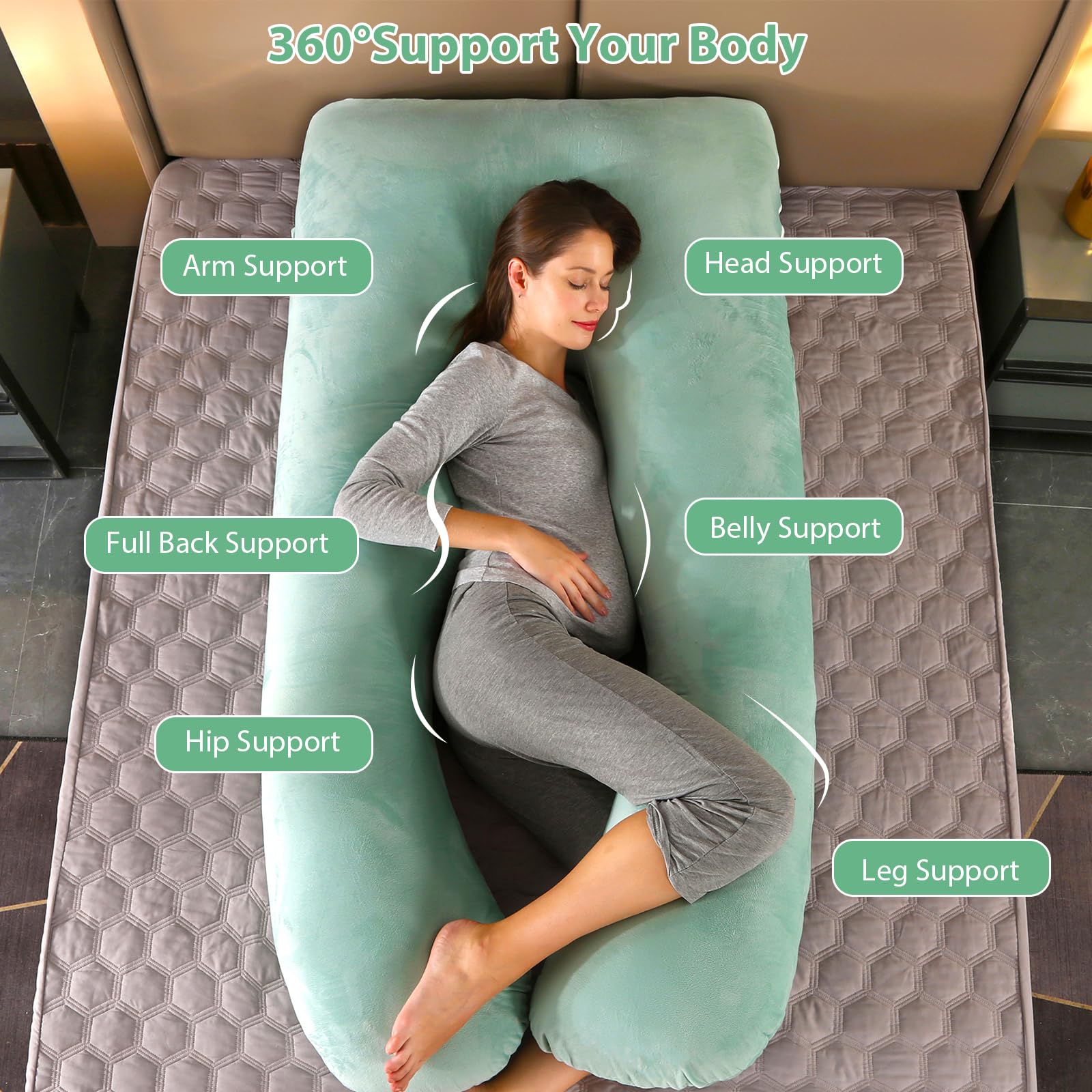 Amagoing Cuscino per gravidanza da 144,8 cm, per dormire, a forma di U, per donne incinte, con fianchi, gambe, schiena, supporto per la pancia, copertura in jersey lavabile inclusa (verde menta)