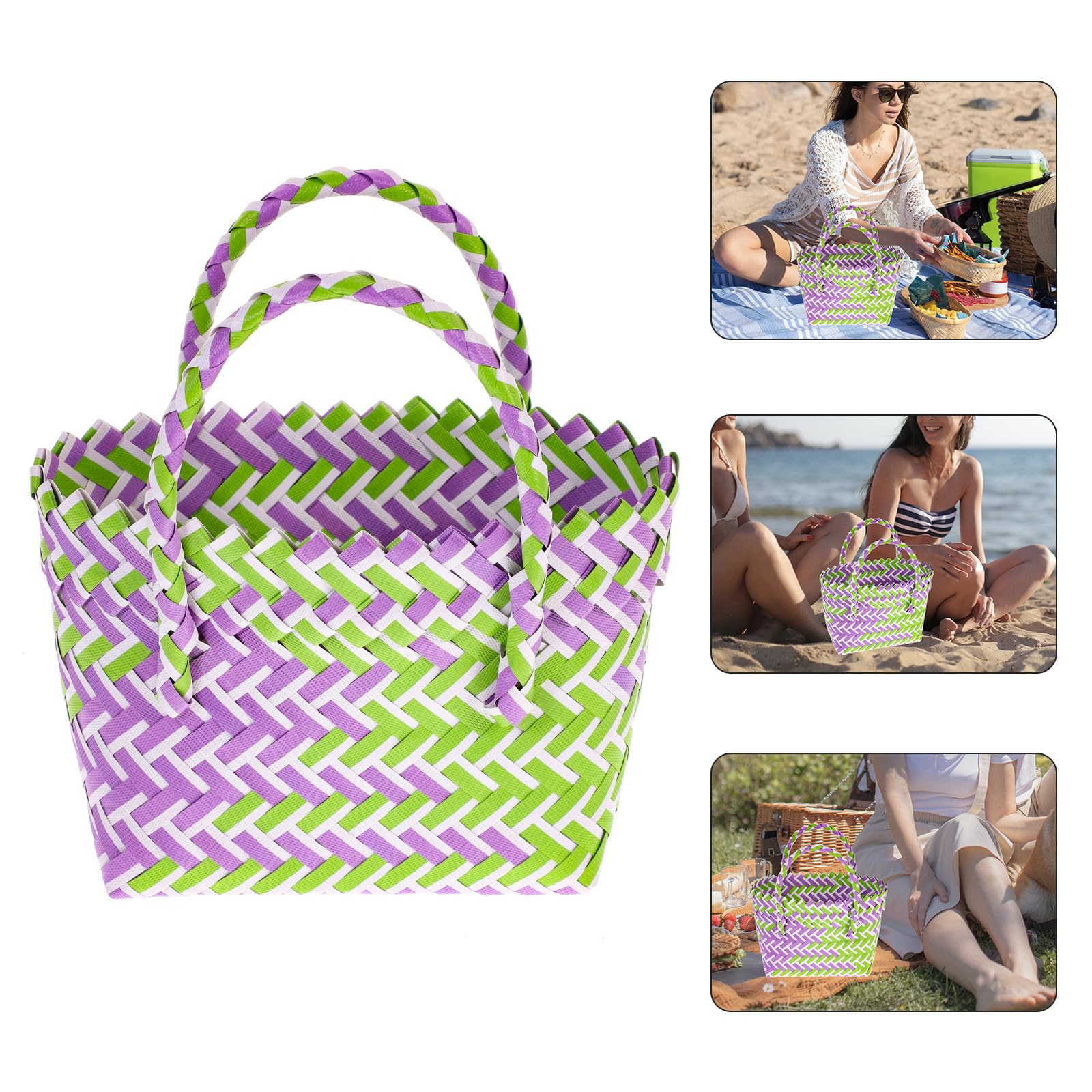 Panier Tressé en Pvc Léger Poignée, Grand Panier à Provisions Réutilisable pour Courses et Pique-niques, Style Rustique Chic, Capacité Spacieuse