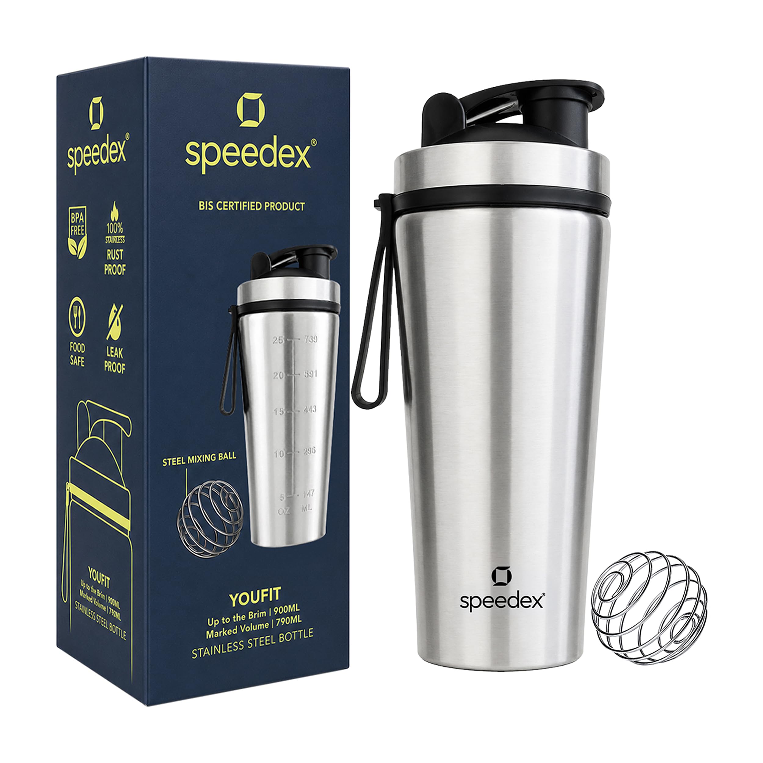 Speedex YouFit Stainless Steel Gym Shaker Bottle 750ml with Mixing Ball | Leakproof Protein Shaker for Gym, Wide Mouth, Measurement Markings, Carry Loop Flip Cap | Metal Shaker for Men & Women, Silver-image-17