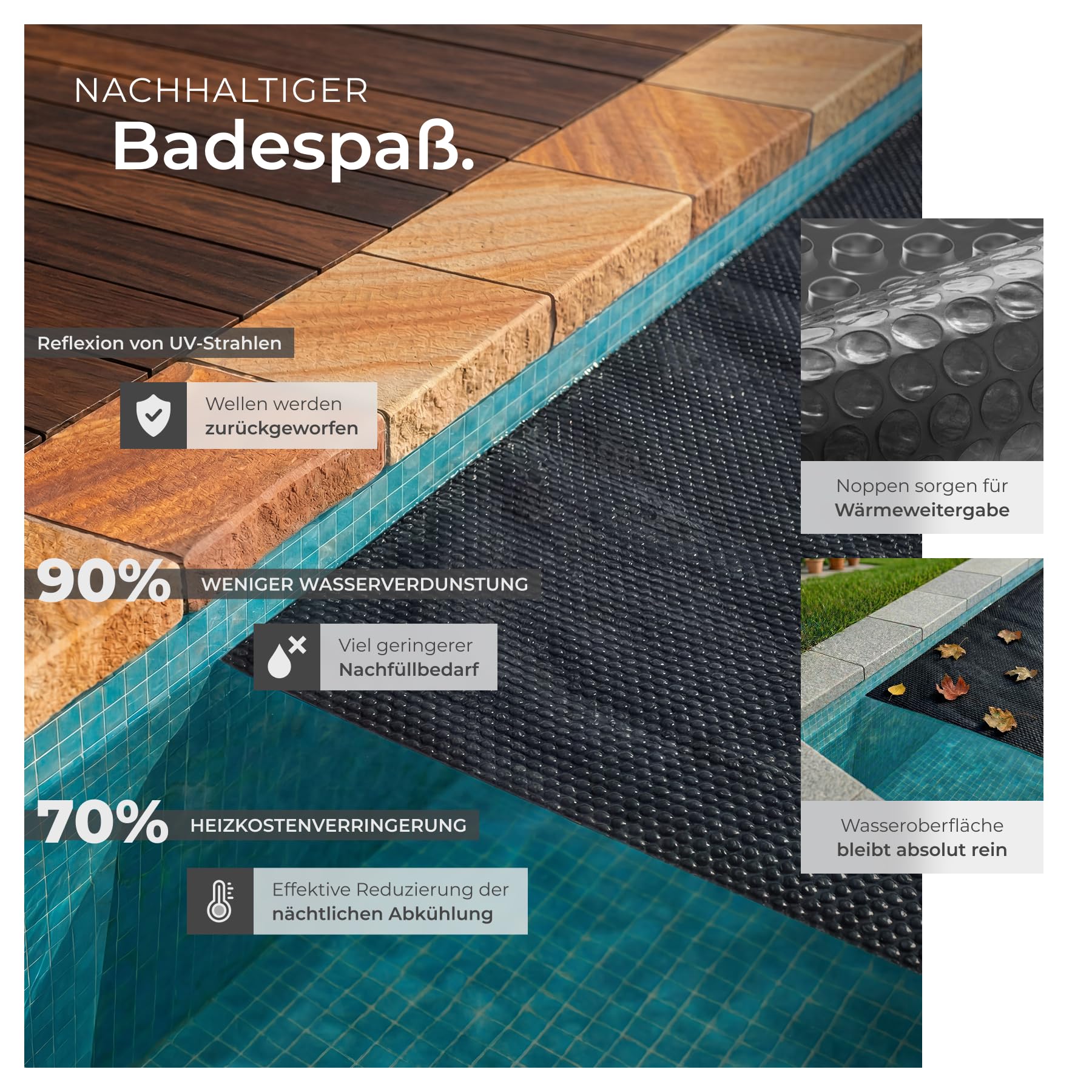 tectake® Poolabdeckung rechteckig, 200x300 cm, rechteckig, selbstschwimmend, zuschneidbar, 110 μm Stärke, Solarfolie, Schutzfolie, Poolschutz, Schwimmbadabdeckung, Poolabdeckplane - schwarz