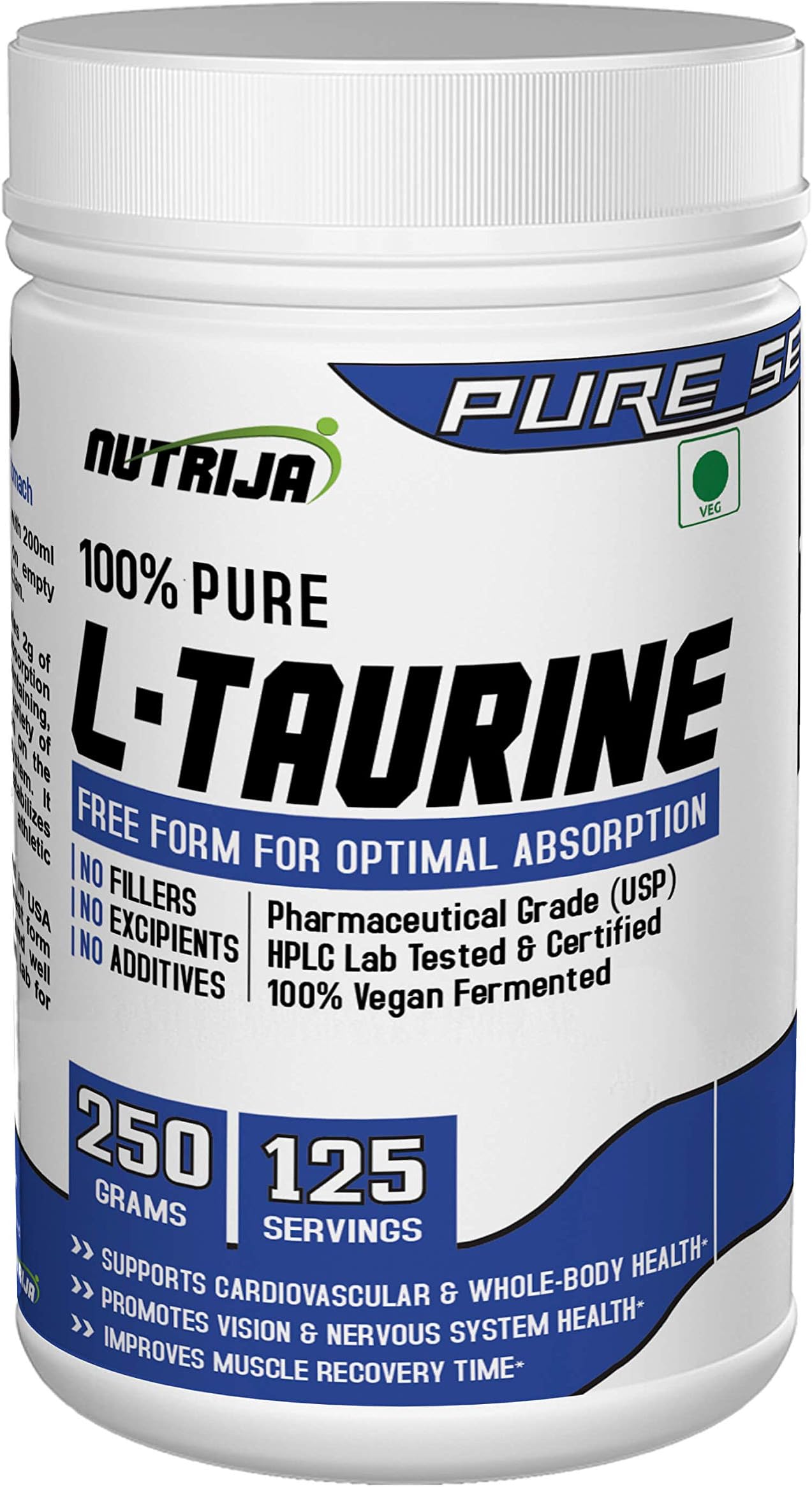 Taurine Powder - 100% Pure Free Form Taurine - No Additives, No Fillers - Supports Heart, Nerve & Muscle Recovery 250 Grams Pack